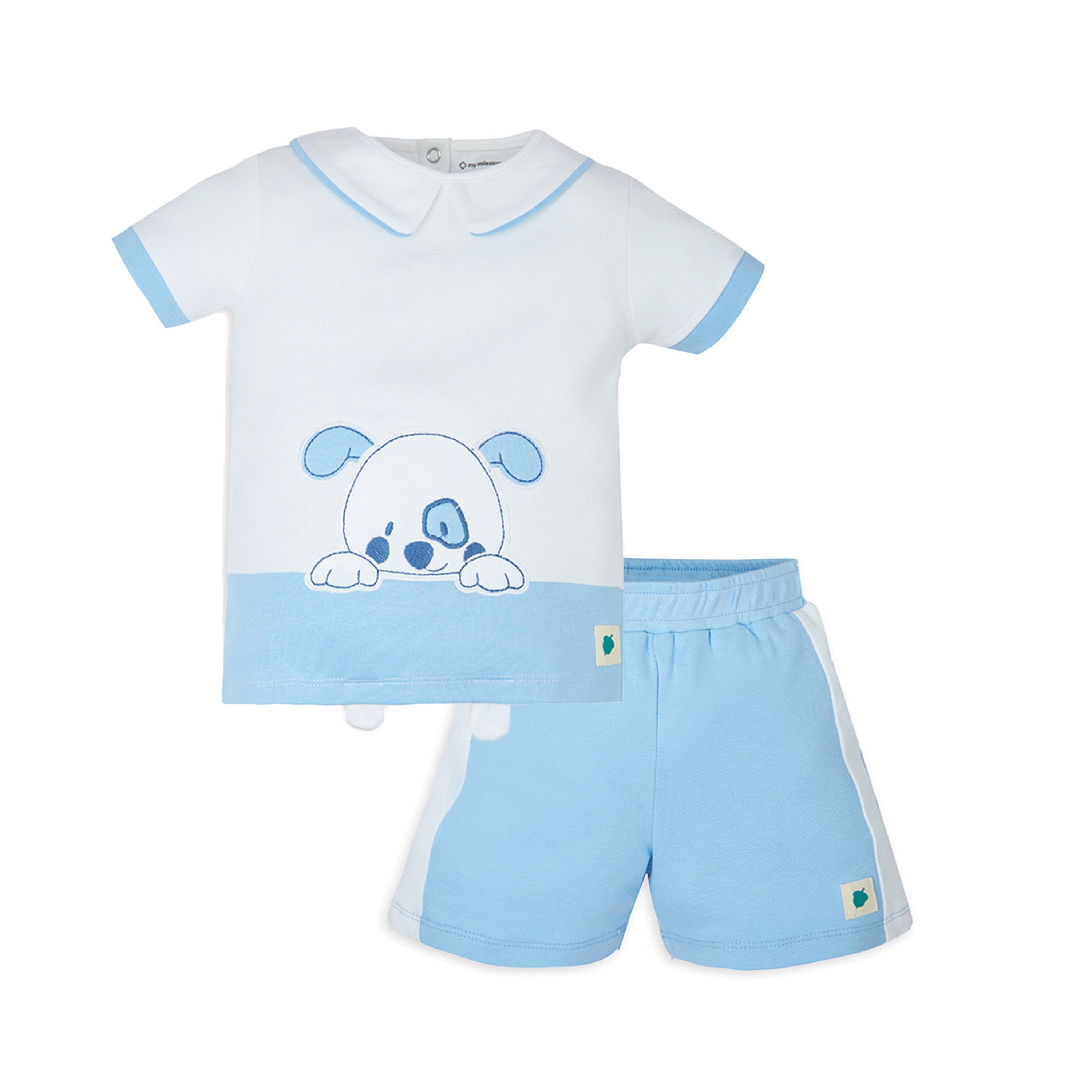 My Milestones Bio-Wash 100% Cotton Barnyard Dog Applique Embroidered Tee with Color Block Shorts - White & Blue