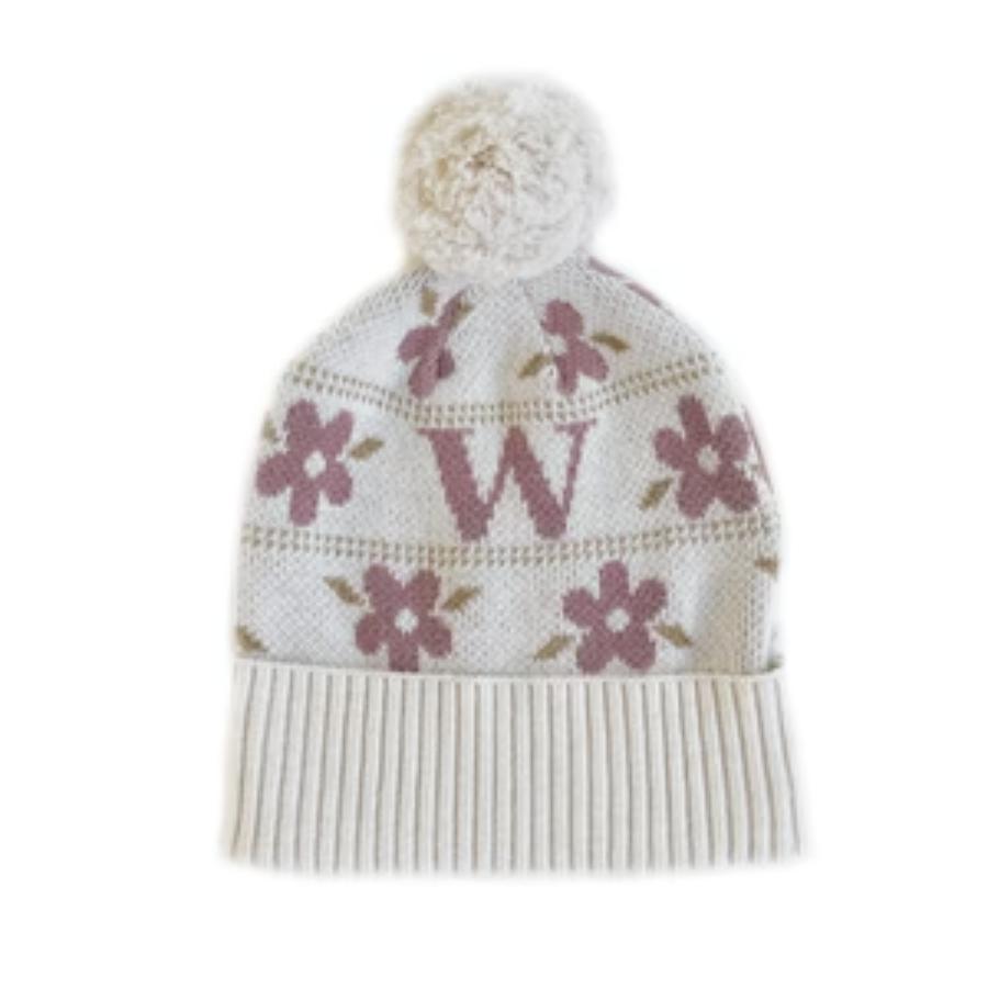 Letter Beanie Oatmeal; Letter: Rose Bloom; Flower: Rose Bloom; camel