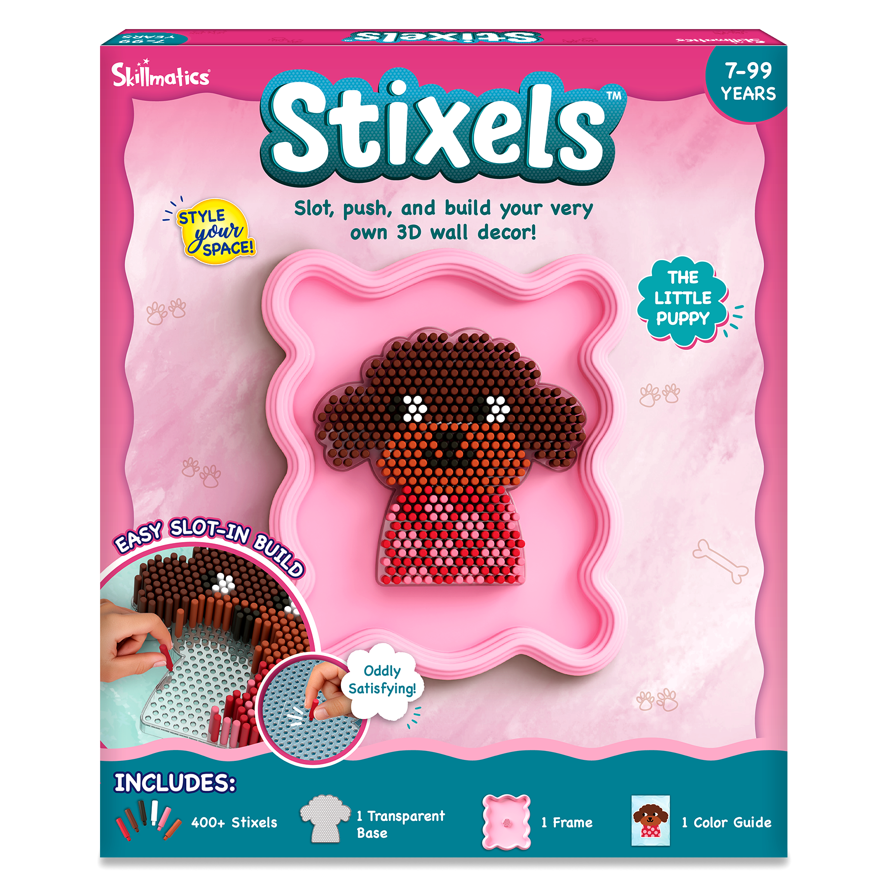 Stixels toy packaging with a dog design on a pink background