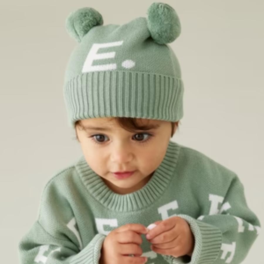 Double Pom Pom Beanie - Lily Pad; Letter: Ivory