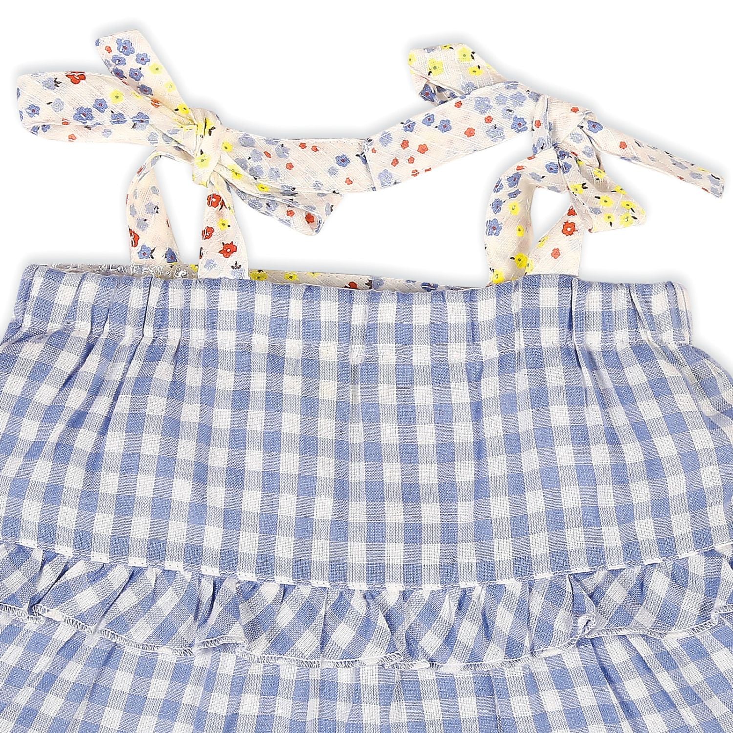 Gingham Tiered Dress With Hairband - Blue