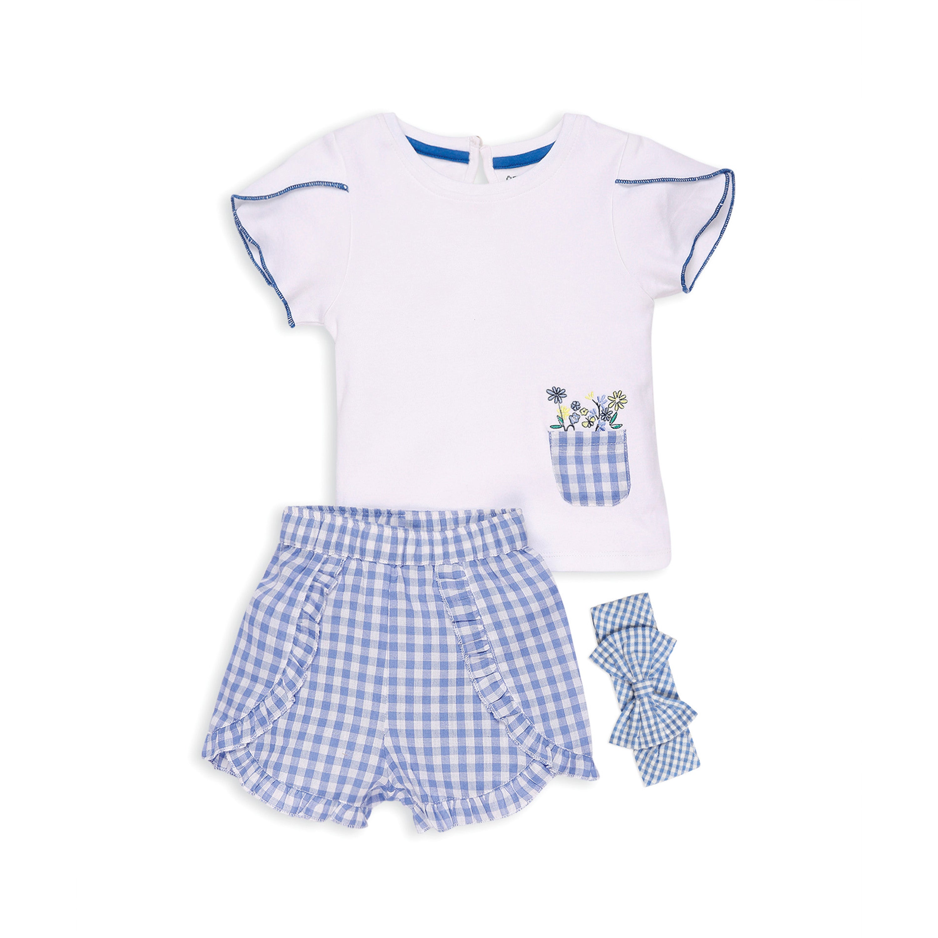 My Milestones 100% Cotton Tulip Sleeve Tee With Ruffle Gingham Shorts & Hairband - White & Blue