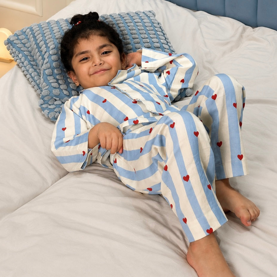 Kids Cotton Nightsuit - Multiple Designs - Red Hearts design