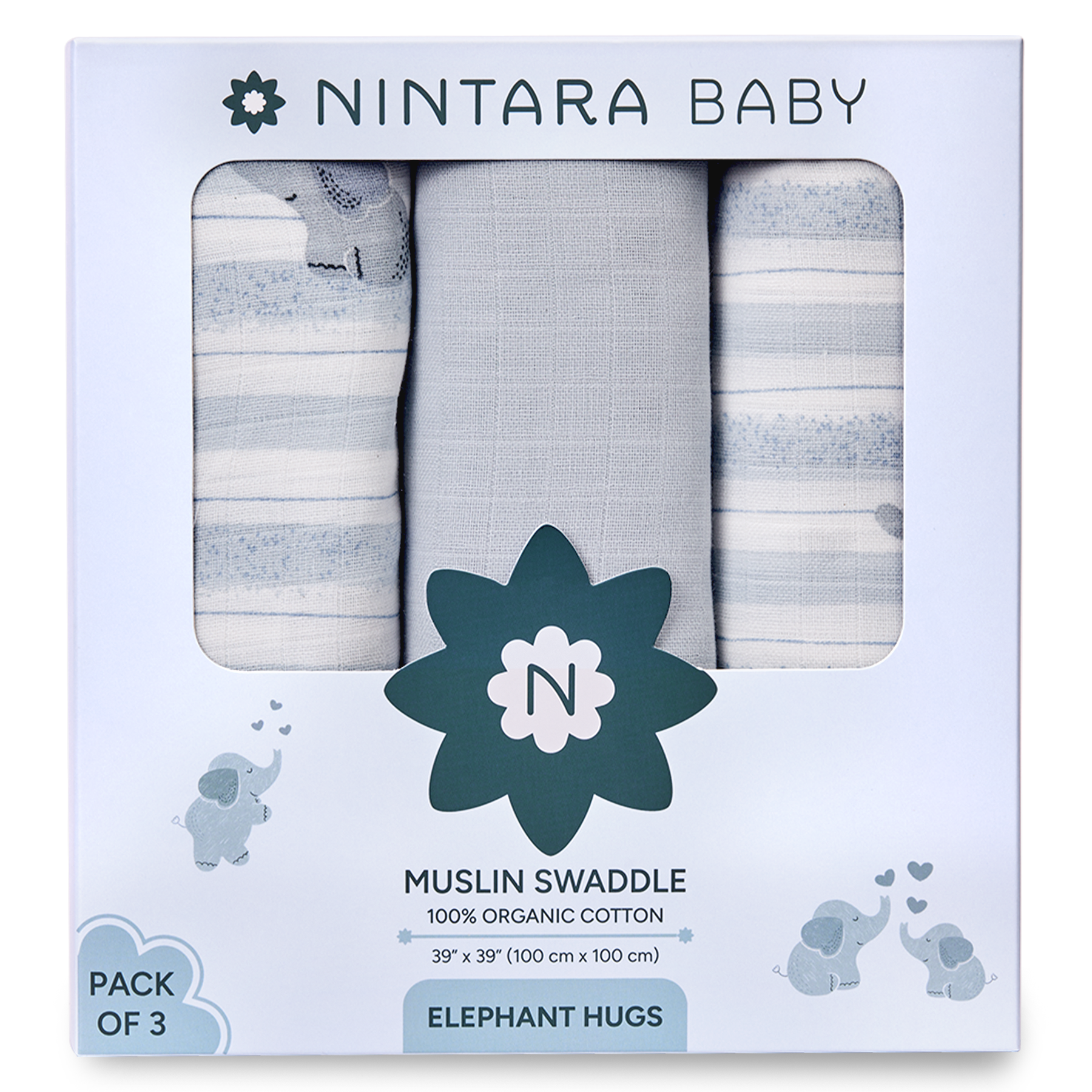 Nintara Baby Swaddle - 100% Organic Premium Muslin Cotton, 39" x 39" (100 cm x 100 cm), Ultra-Soft, Breathable & Lightweight, Multipurpose, Unisex, Hypoallergenic, Gifts for Newborn Babies