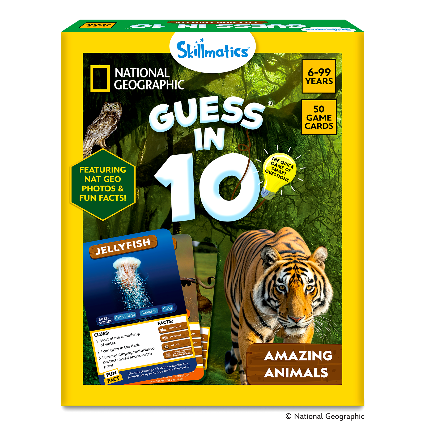 National Geographic Skimmatics 'Guess in 10' game box with tiger and jellyfish illustration on a white background