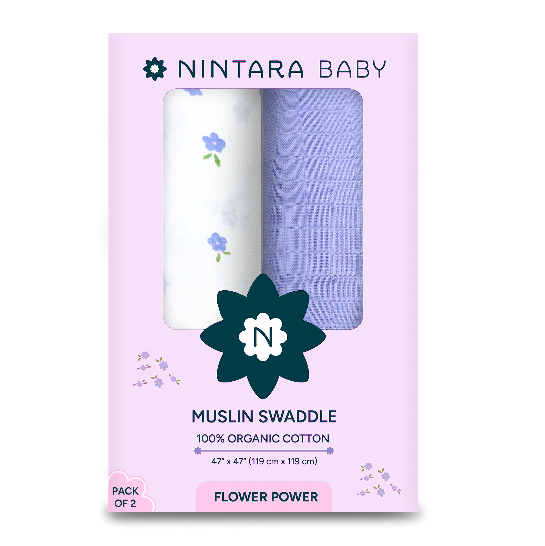 Extra-Large Swaddle - 100% Organic Premium Muslin Cotton, 47" x 47" (119 cm x 119 cm), Ultra-Soft, Breathable & Lightweight, Unisex, Hypoallergenic, Gifts for Newborn Babies, Pack of 2/3