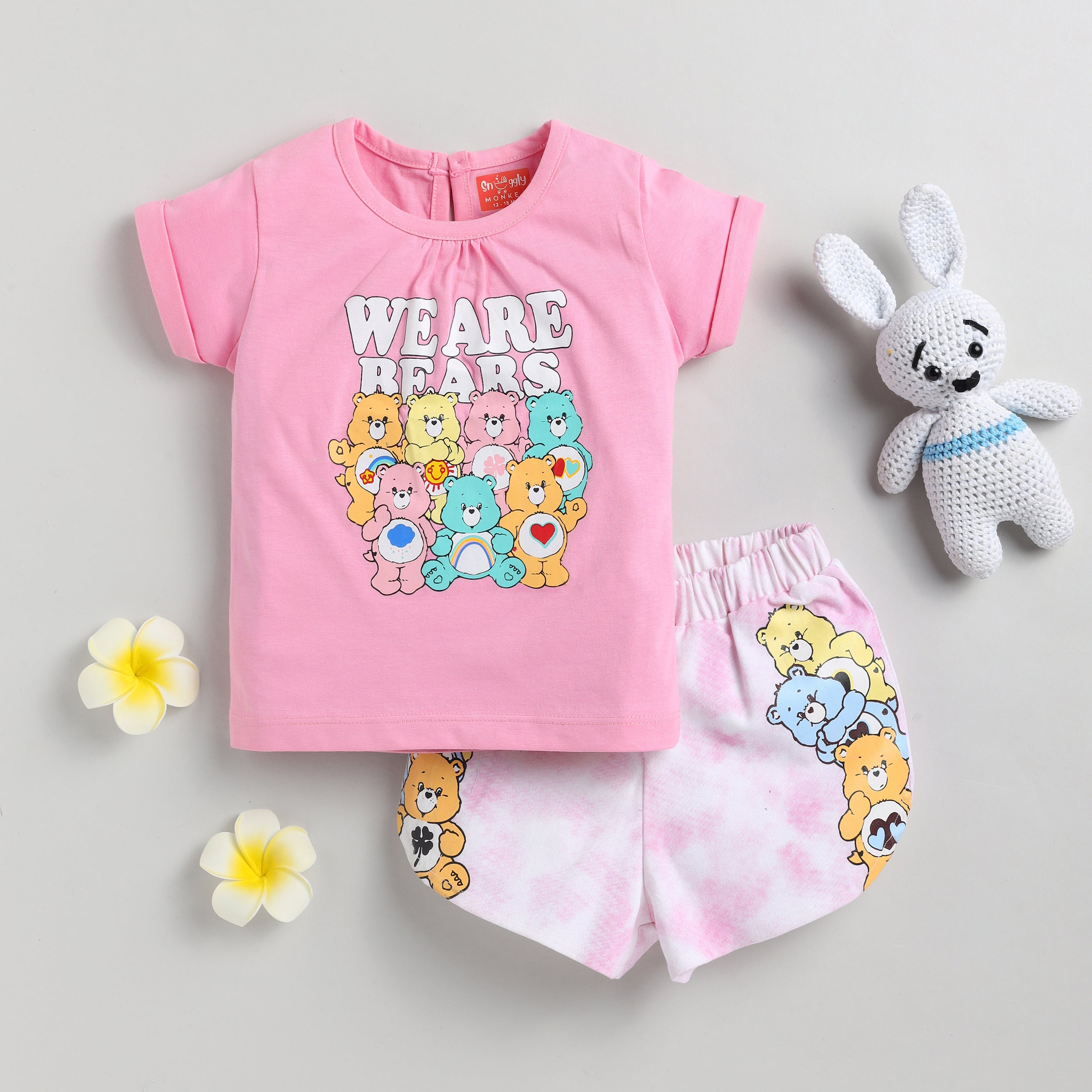 Snuggly Monkey Girls Bear Print Pink Top With Shorts