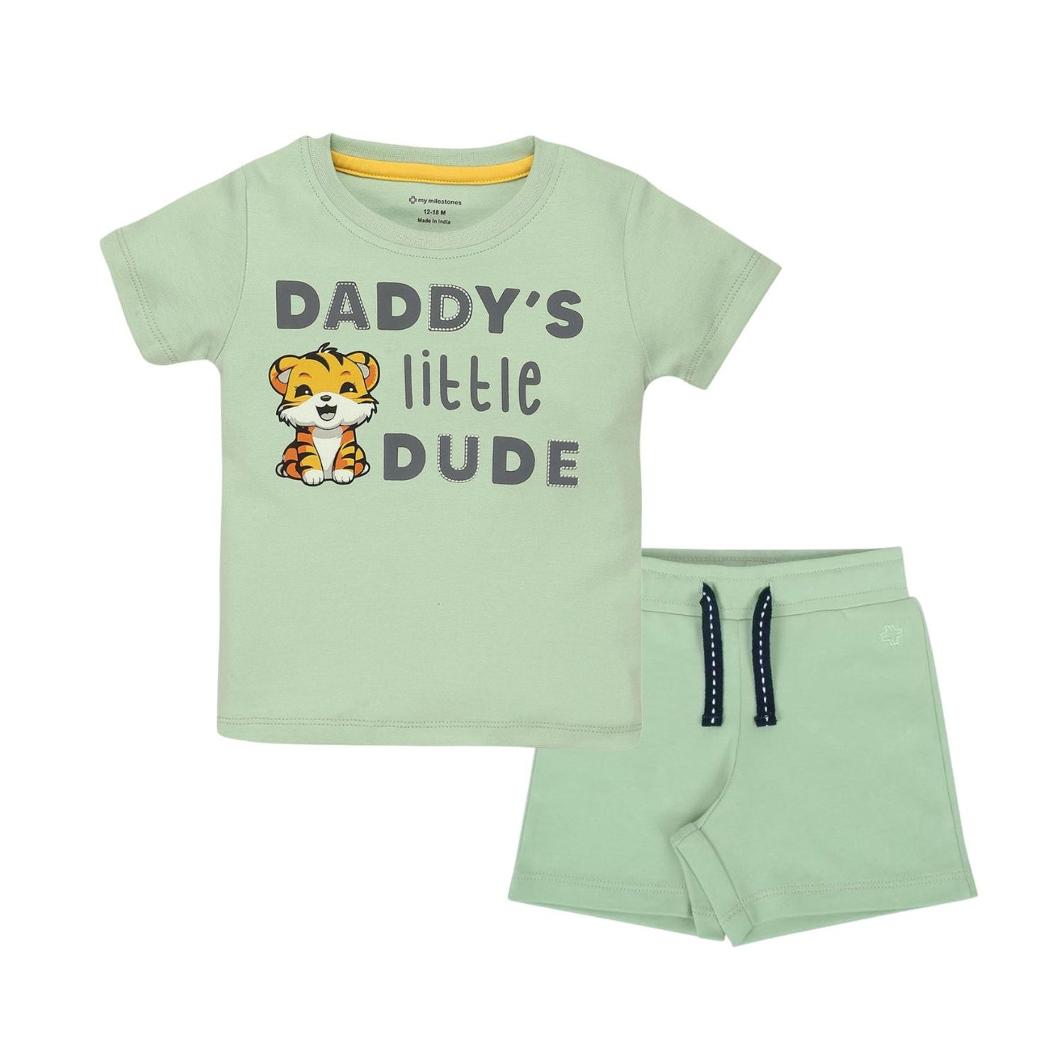 Puff Print Baby Boy Round Neck Tee with Shorts - Sage Green