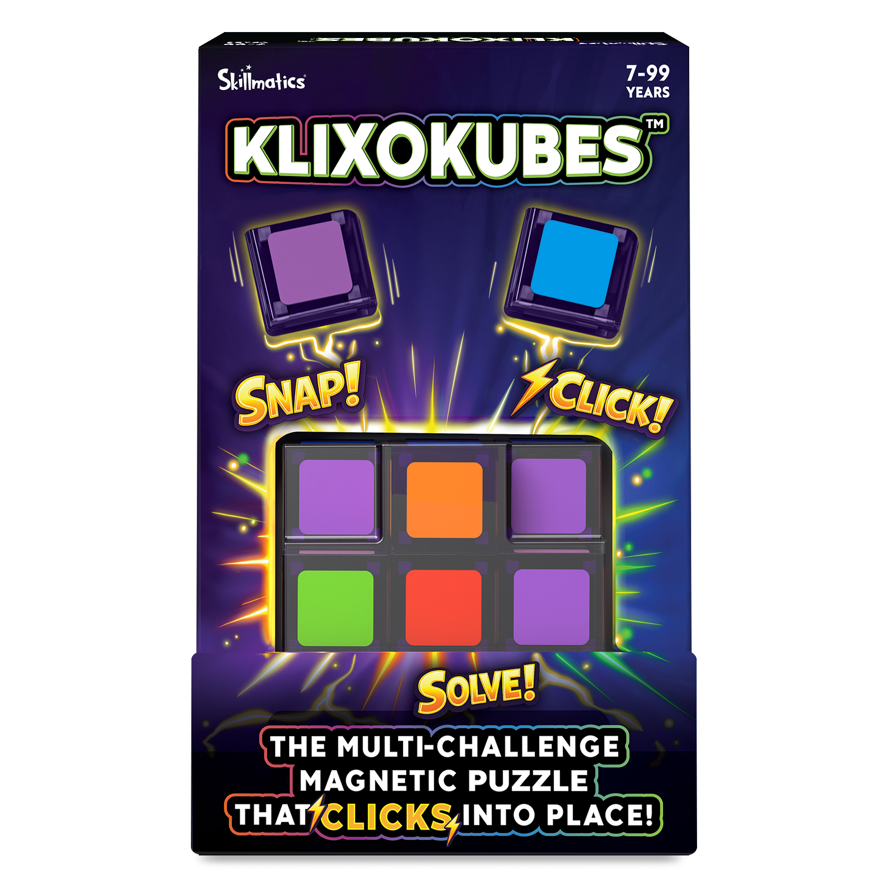 Klixokubes packaging with colorful magnetic puzzle pieces on a dark background