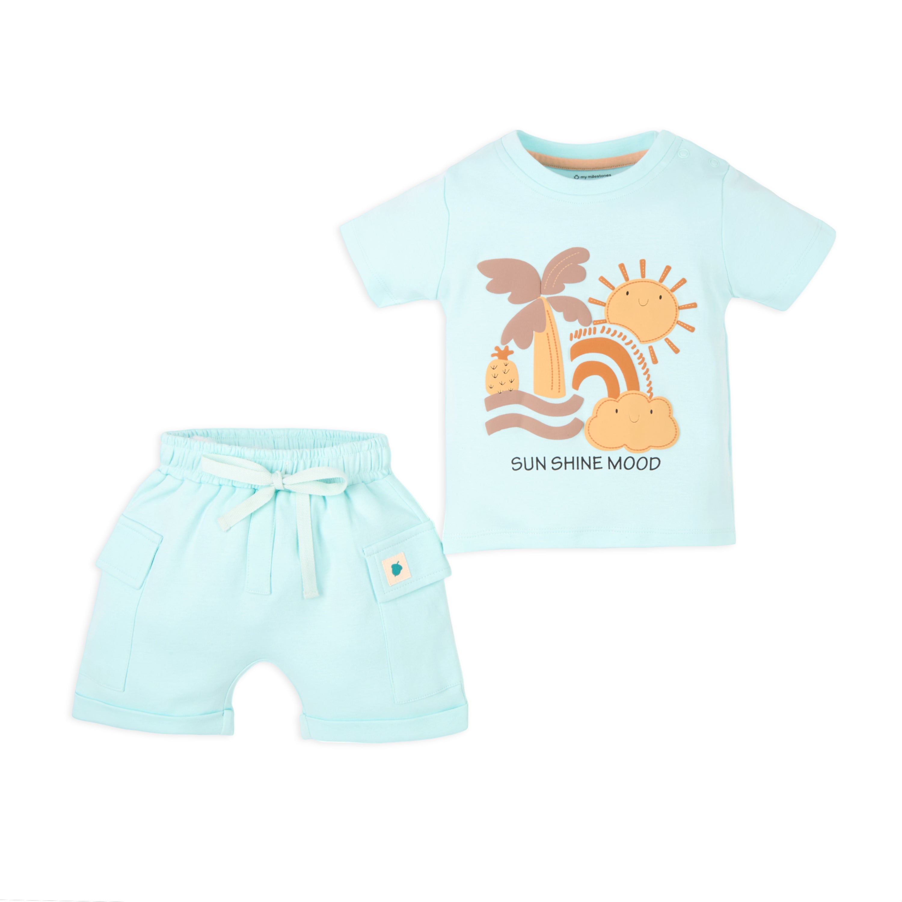 Puff Print Baby Boy Round Neck Tee with Shorts - Aqua