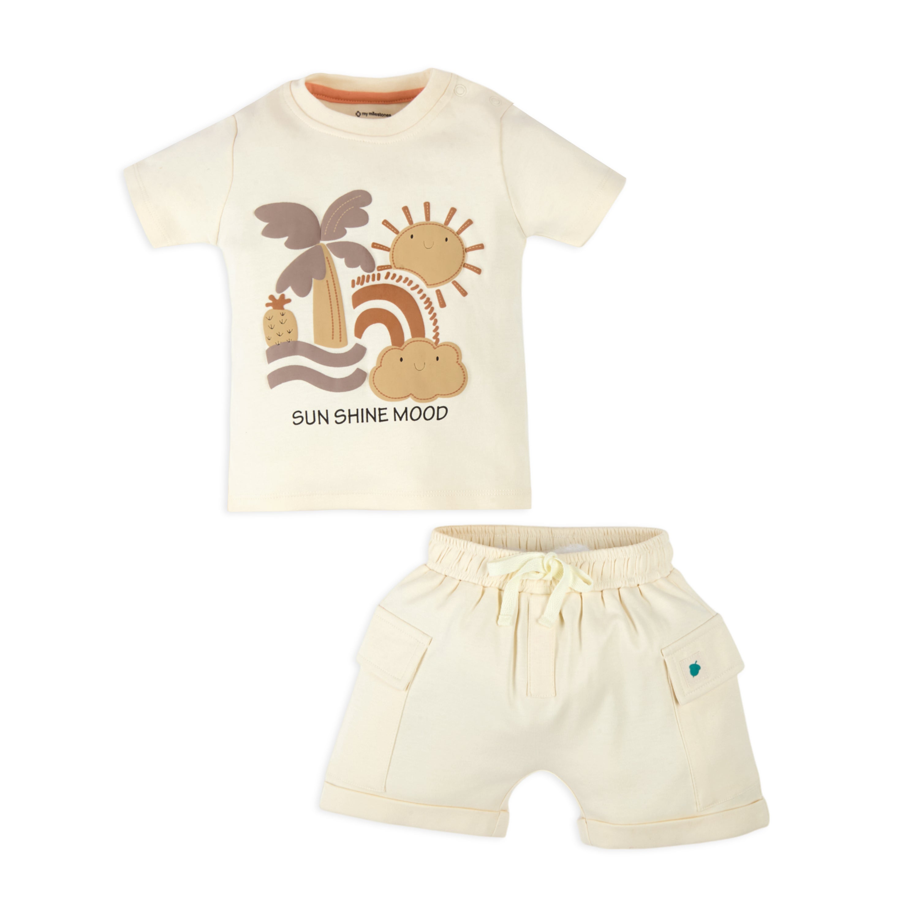 Puff Print Baby Boy Round Neck Tee with Shorts - Ecru