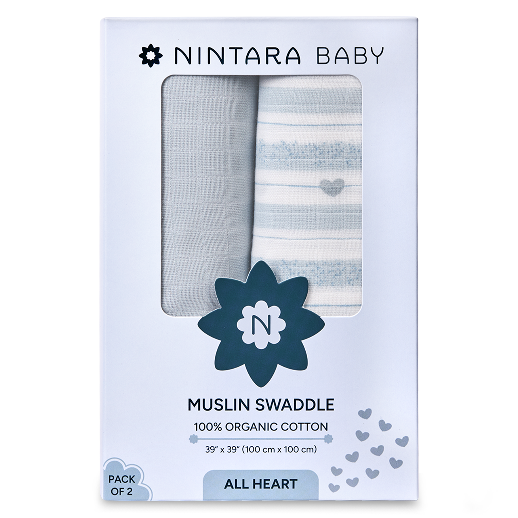 Nintara Baby Swaddle - 100% Organic Premium Muslin Cotton, 39" x 39" (100 cm x 100 cm), Ultra-Soft, Breathable & Lightweight, Multipurpose, Unisex, Hypoallergenic, Gifts for Newborn Babies