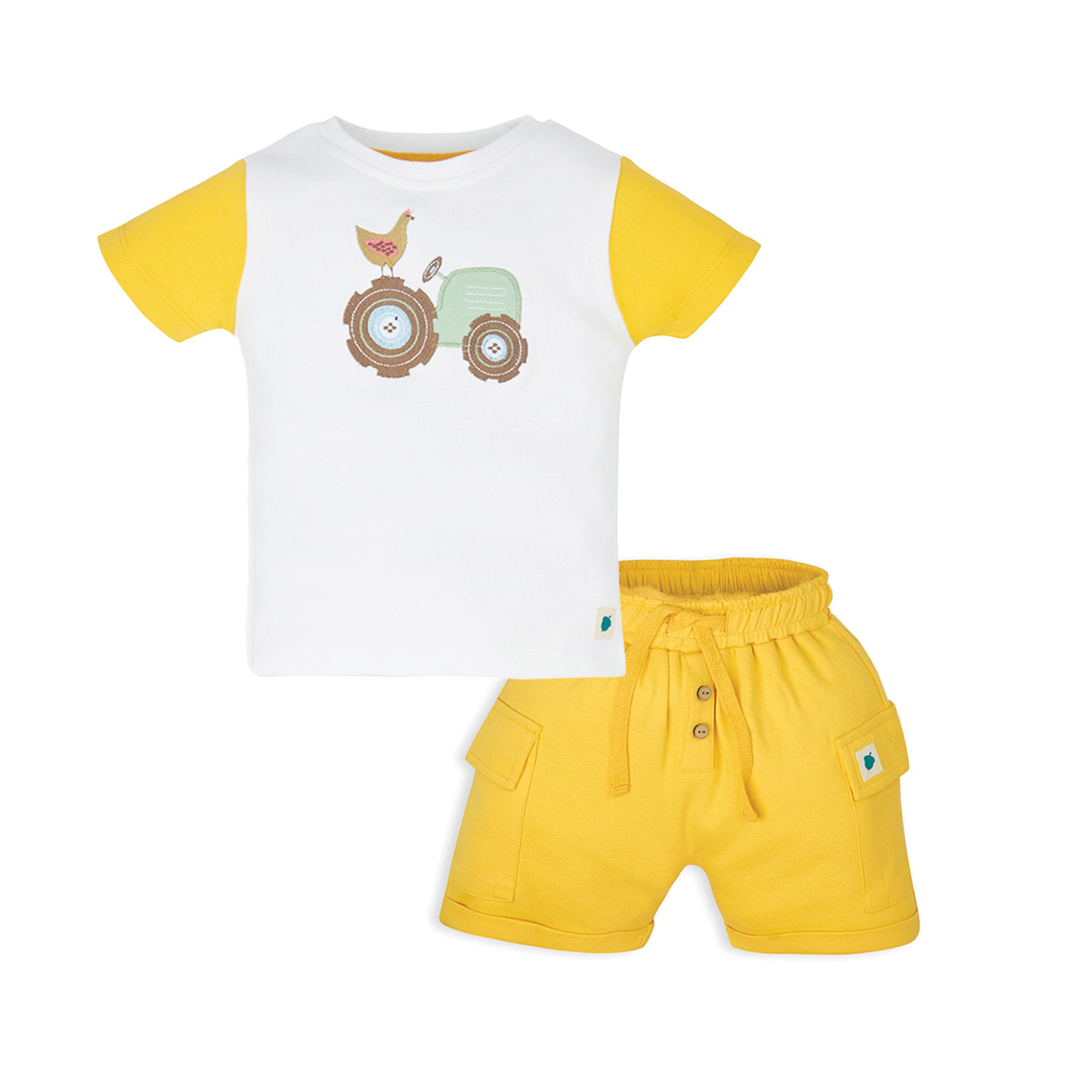 My Milestones Bio-Wash 100% Cotton Short Sleeves Farm Embroidered Applique Tee and Shorts with Pockets - White & Yellow