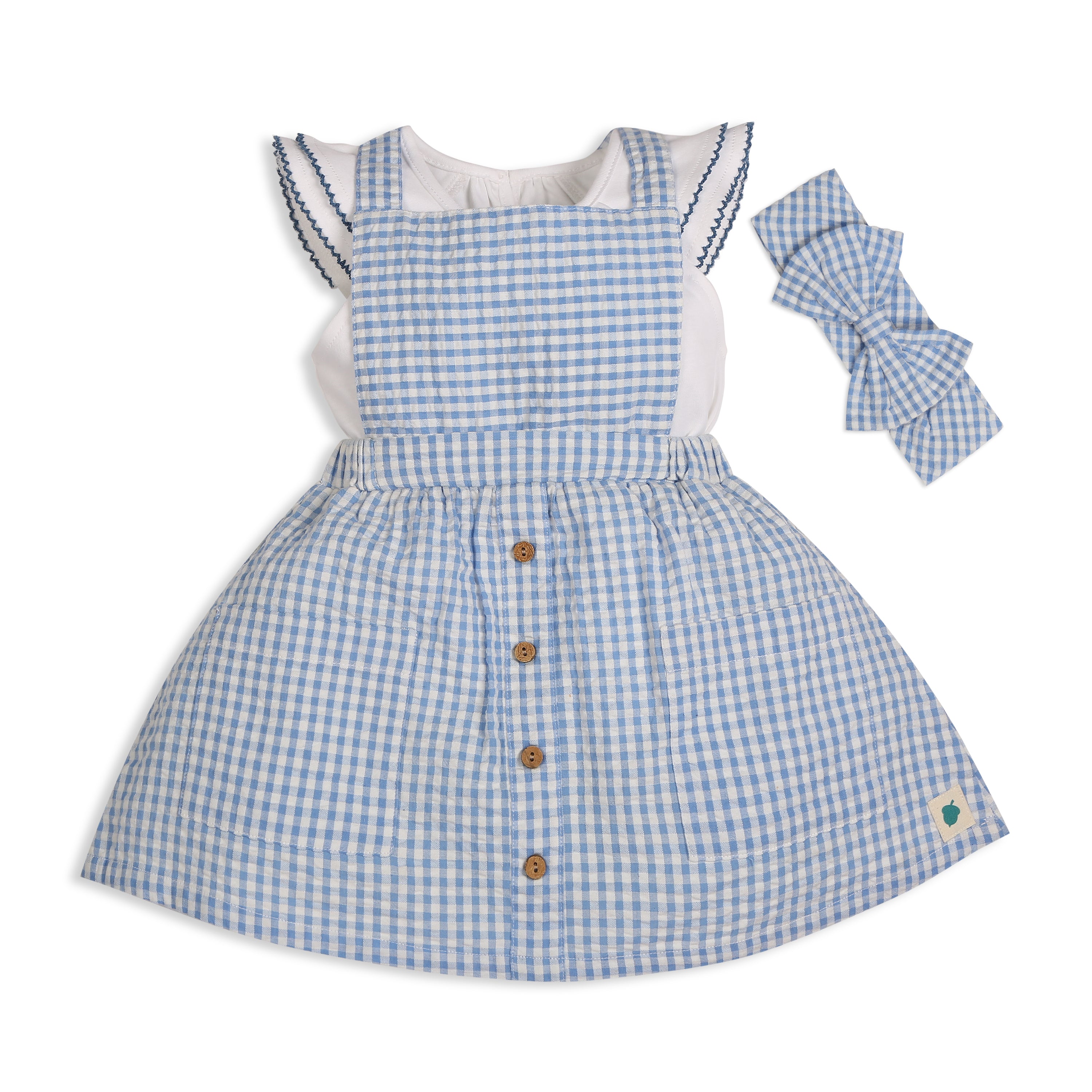 Meadow 100% Cotton Gingham Seersucker Dungaree with Knit Embroidered Tee & Peako Detail, Matching Hairband 3 PC Set - Blue & White