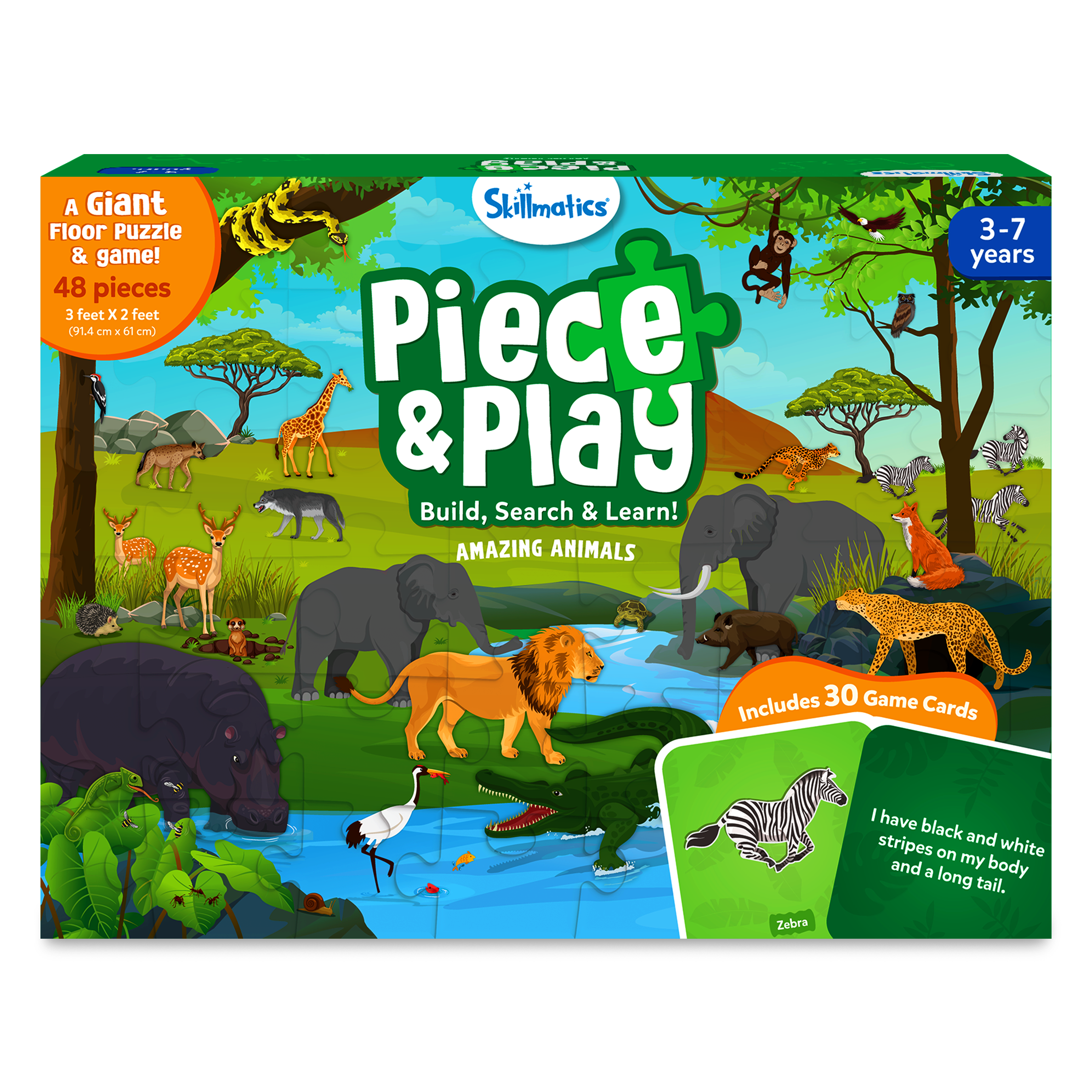 Skillmatics Floor Puzzle & Game - Piece & Play Wild Animals, Jigsaw Puzzle (48 Pieces, 2 X 3 Feet), Ages 3 To 7