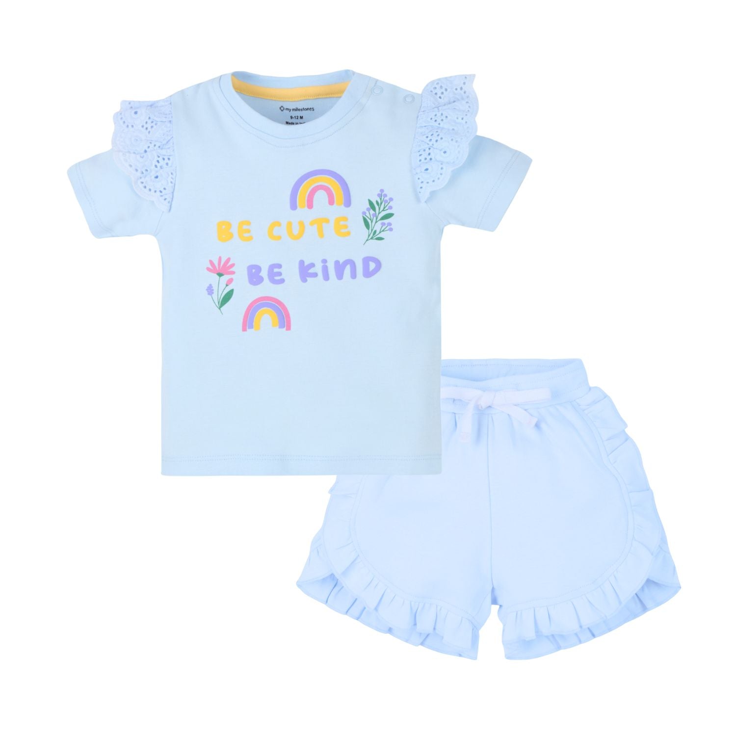 Baby Girl Puff Print Round Neck Tee With Schiffli Details Shorts - Baby Blue