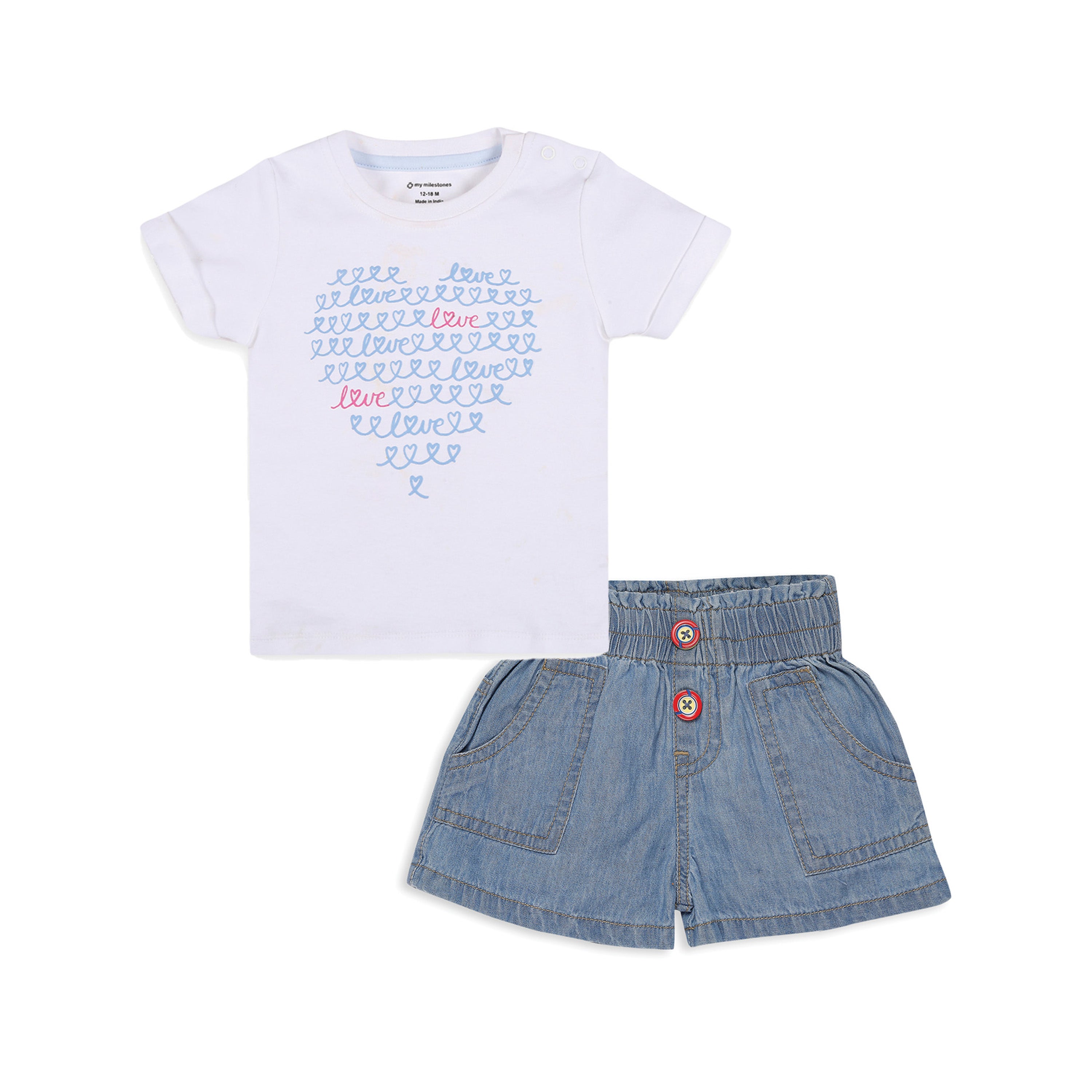 My Milestones 100% Cotton Baby Girl Printed Tee with Denim Shorts - White & Blue