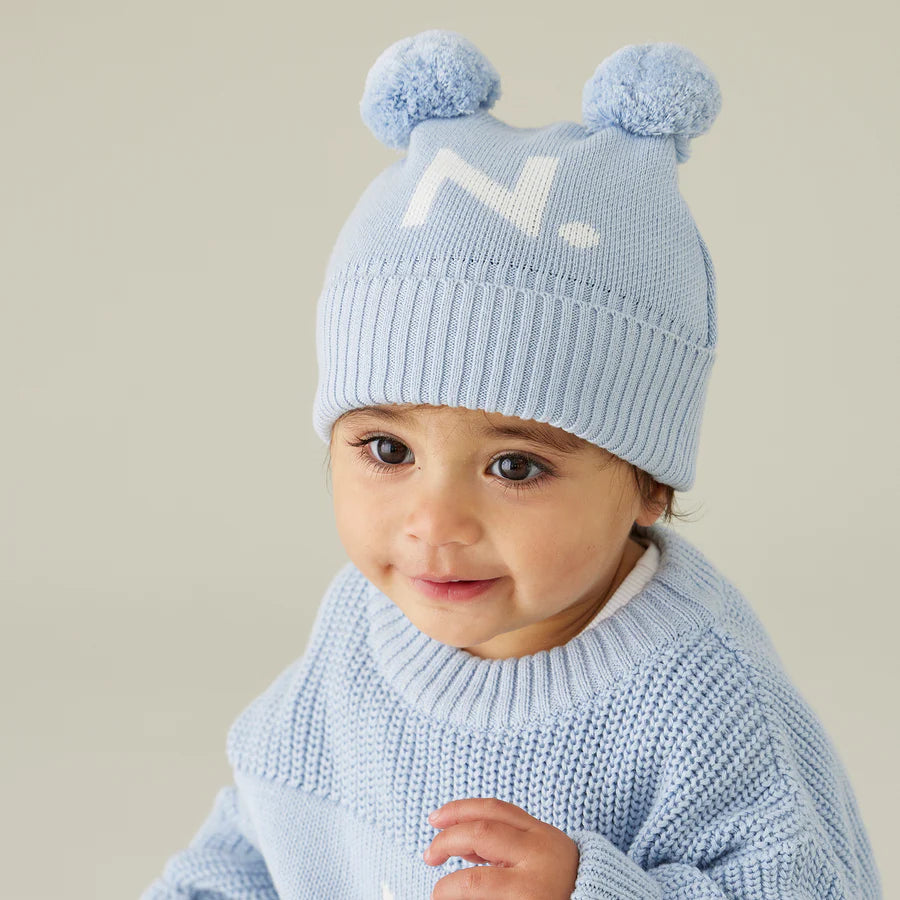 Double Pom Pom Beanie - Kentucky Blue; Letter: Ivory