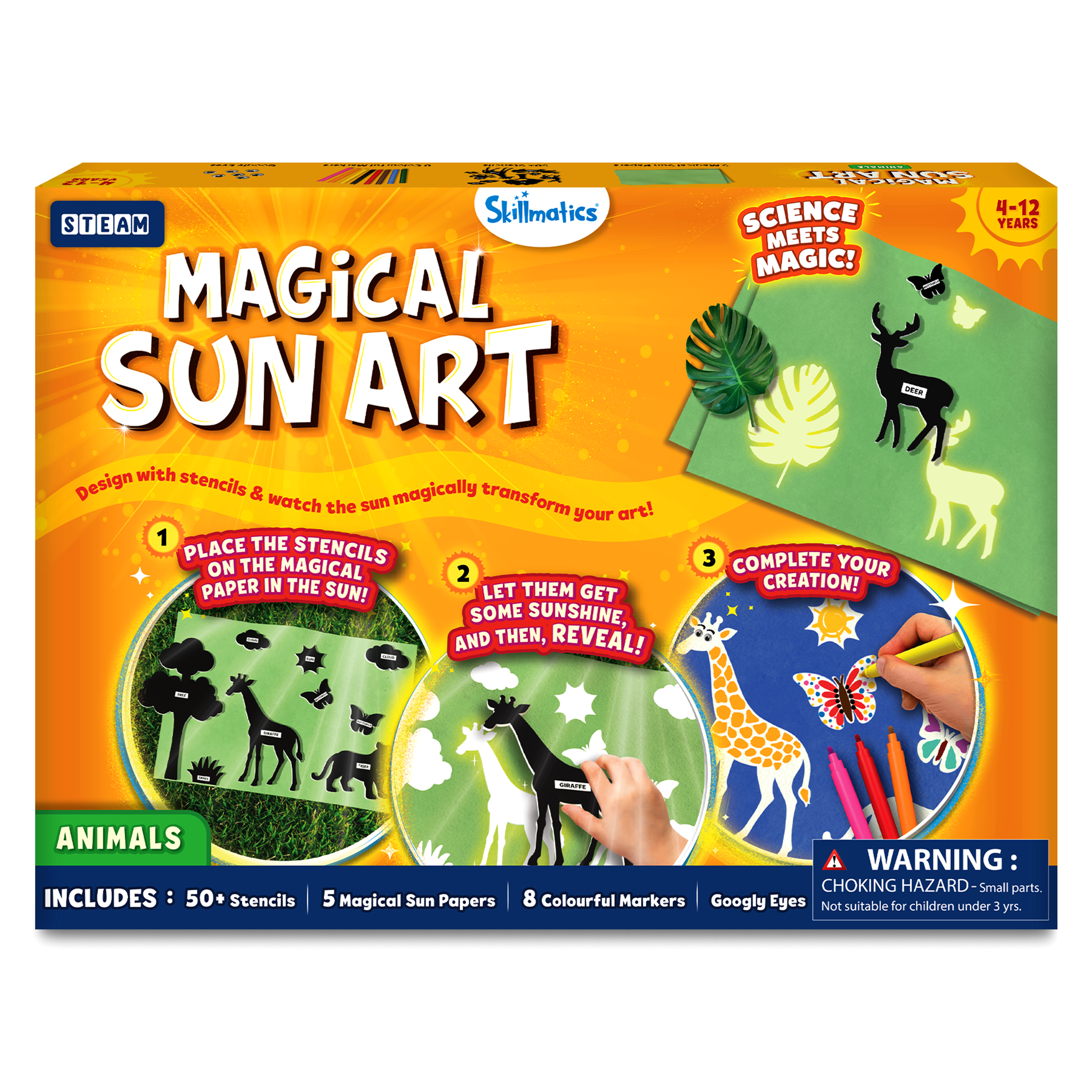 Skillmatics Sun Paper Art Kit - Animals, DIY Craft Kits & Supplies, STEM Toys, Mess-Free Creative Fun for Kids, Colouring, Painting, Gifts for Girls & Boys Ages 4, 5, 6, 7, 8, 9, 10, 11, 12