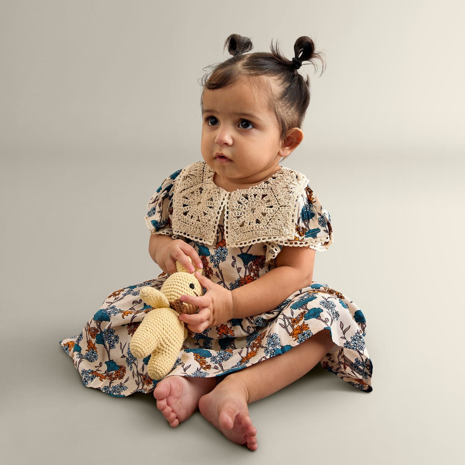 Willow Frill Sleeves Dress With Crochet Lace - Beige