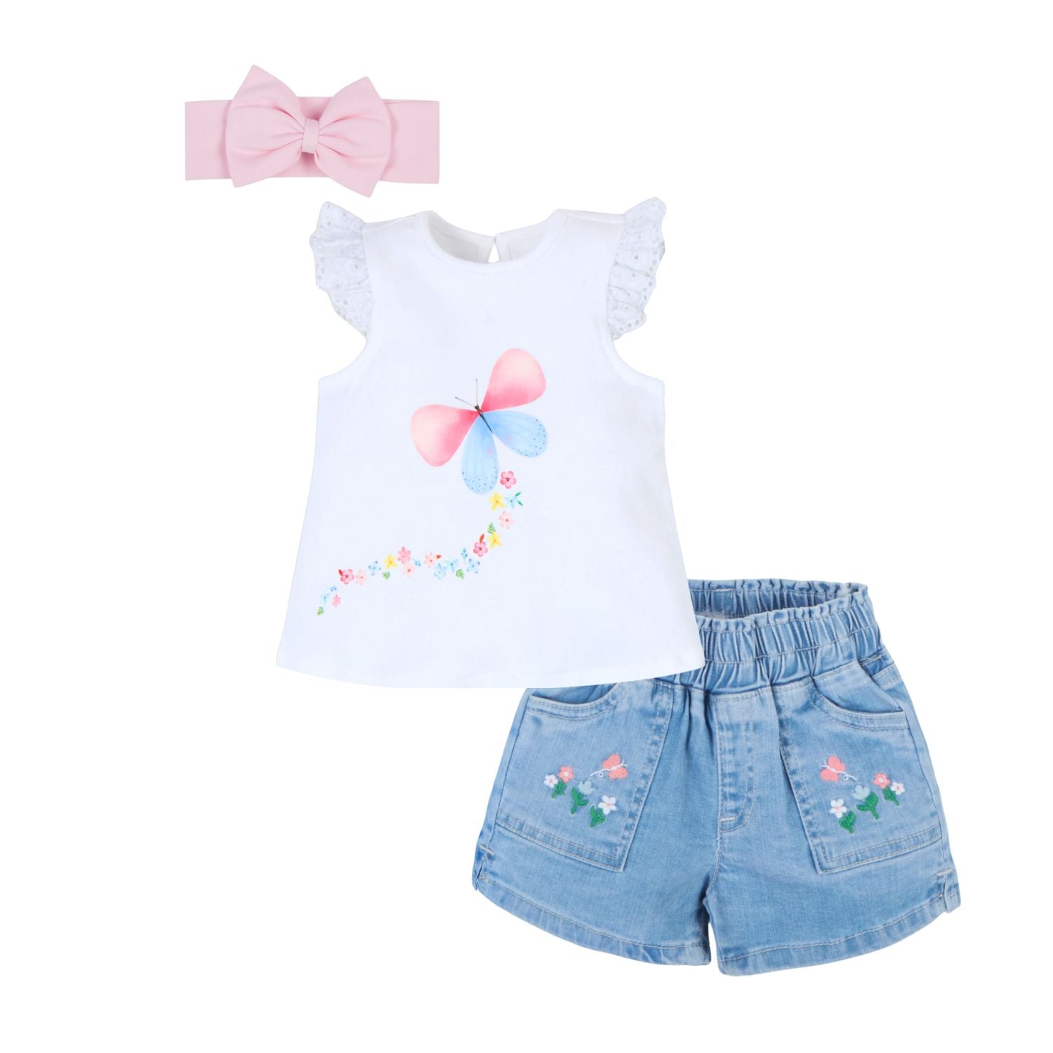 Butterfly Print Tee With Denim Shorts & Hairband - White & Blue
