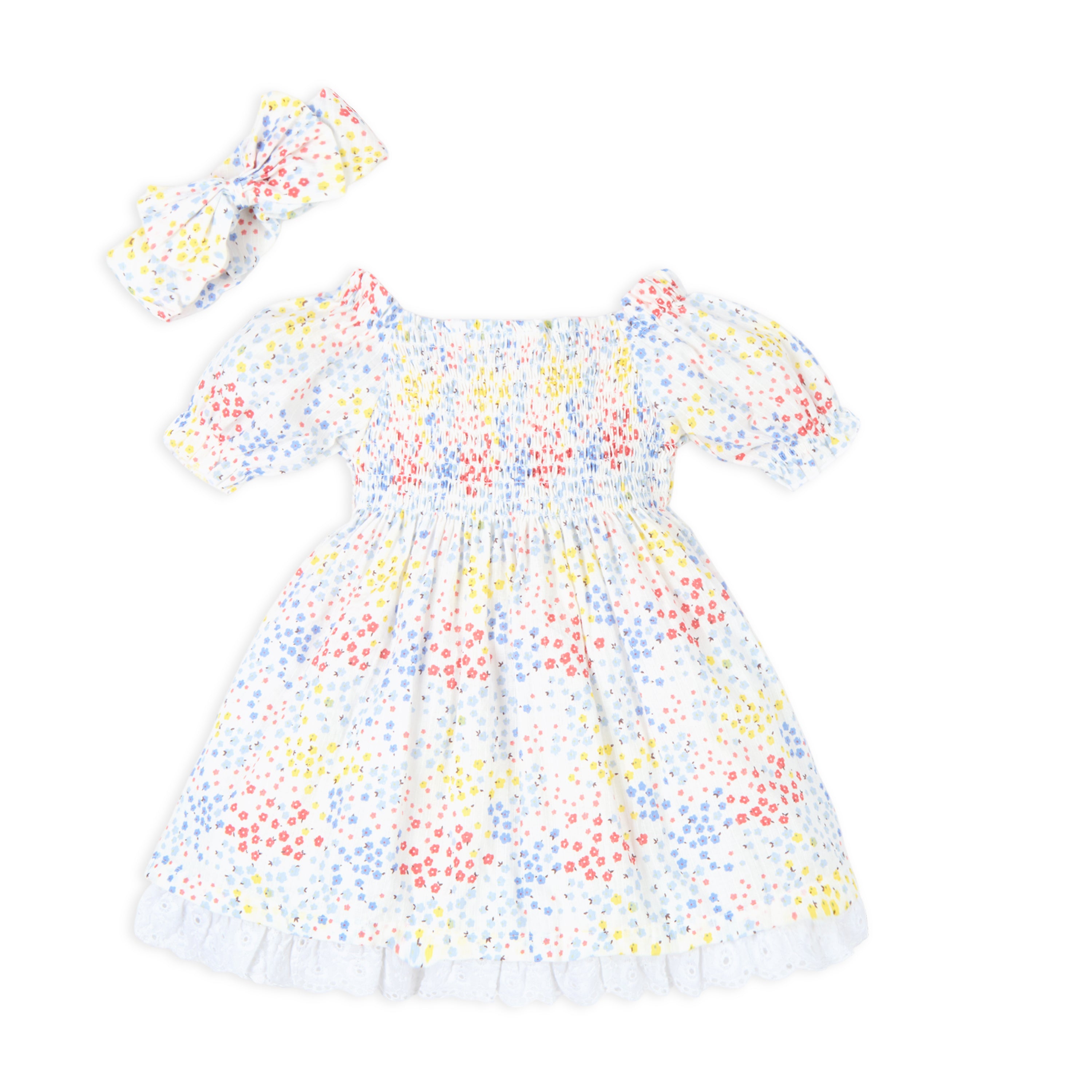 Ditsy Print Floral Puff Sleeves Dress With Hairband - Multi