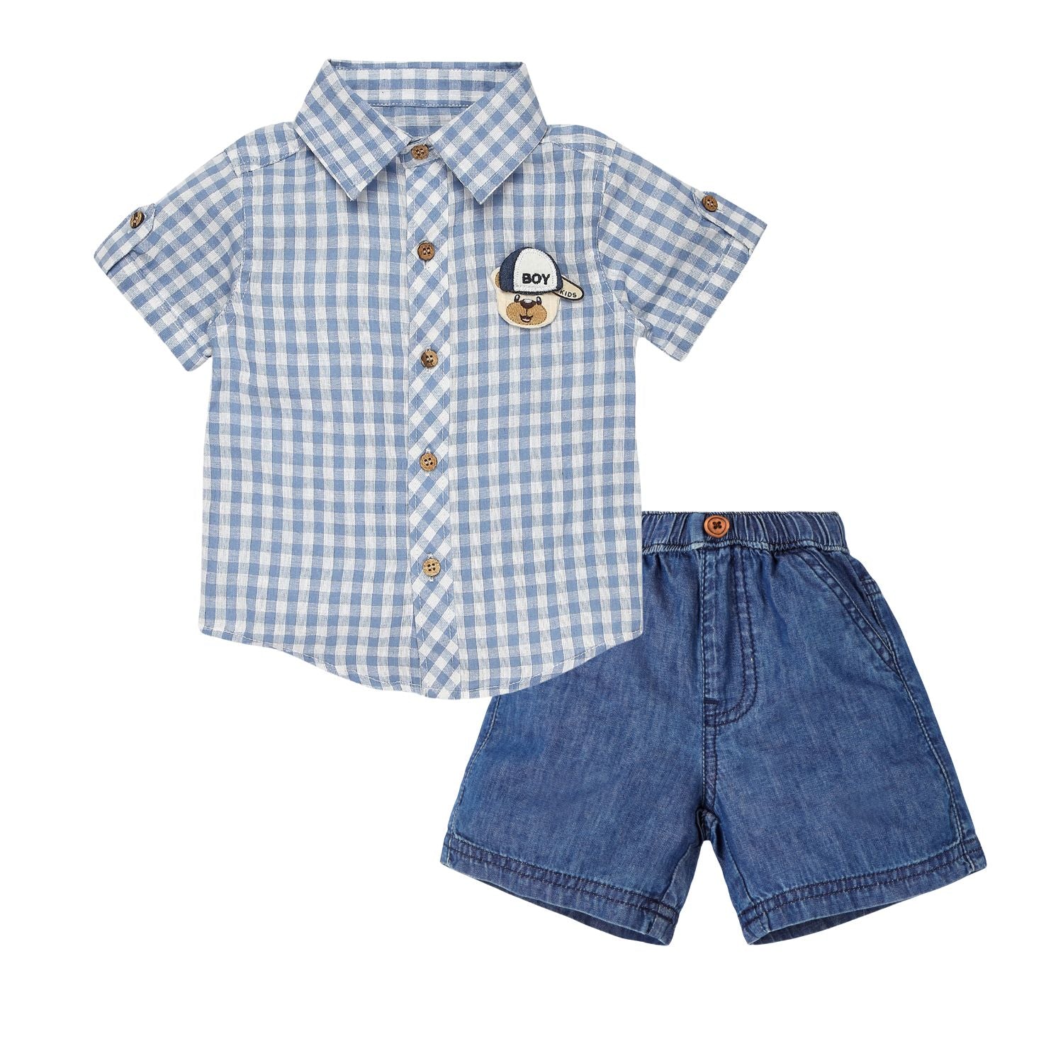 Gingham Checks Shirt With Denim Shorts & Bear Applique - Blue