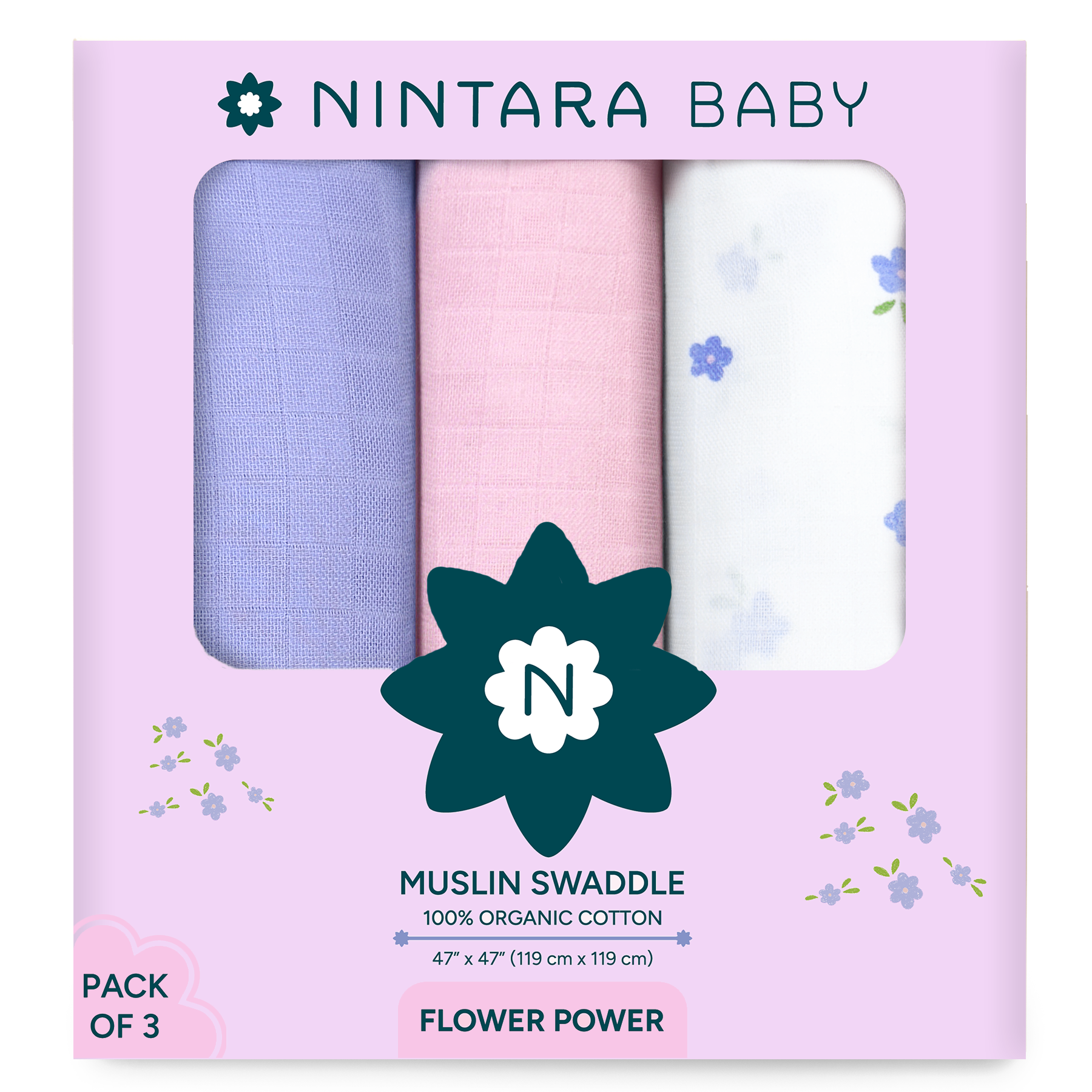 Extra-Large Swaddle - 100% Organic Premium Muslin Cotton, 47" x 47" (119 cm x 119 cm), Ultra-Soft, Breathable & Lightweight, Unisex, Hypoallergenic, Gifts for Newborn Babies, Pack of 2/3