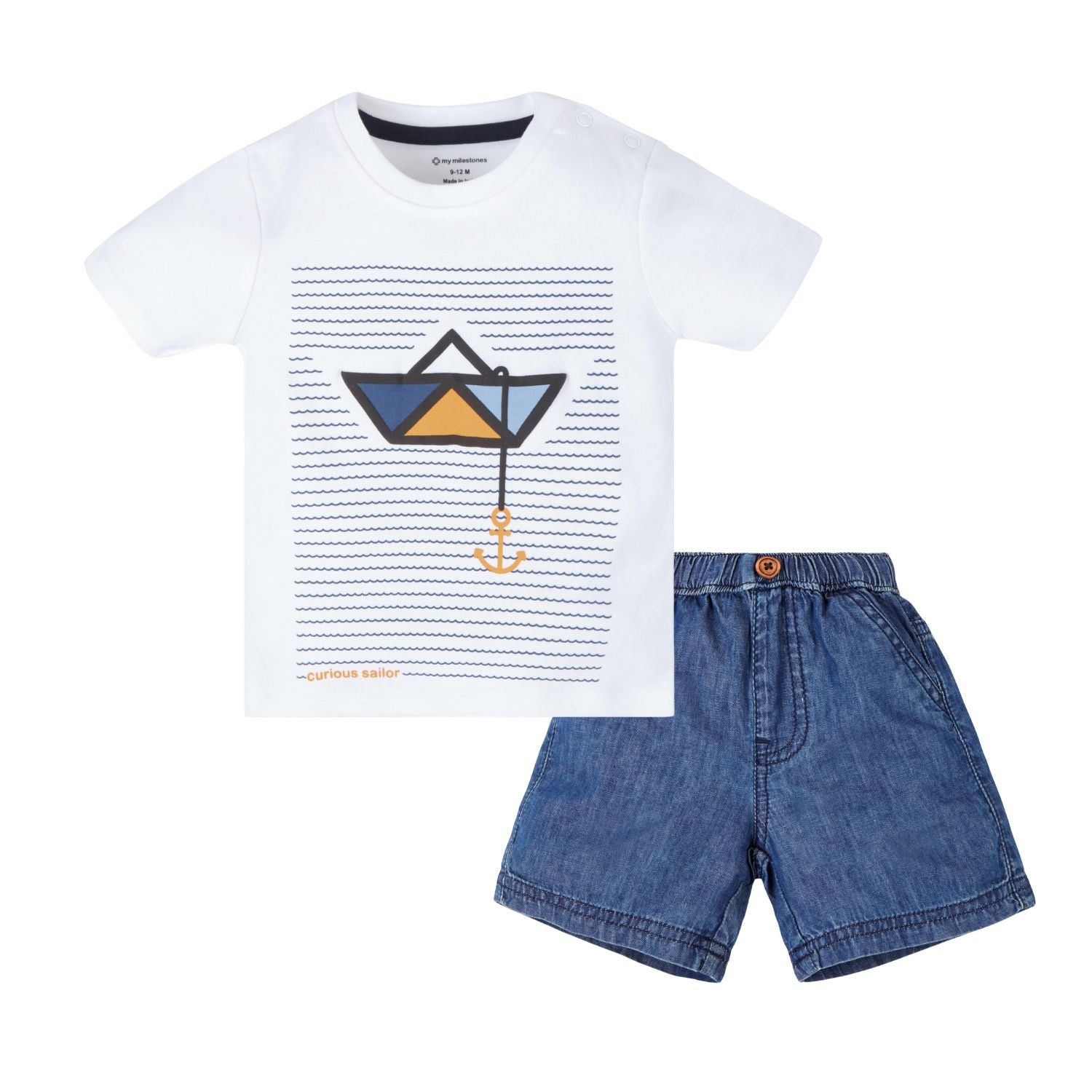 Puff Print Baby Boy Round Neck Tee with Denim Shorts - White & Blue