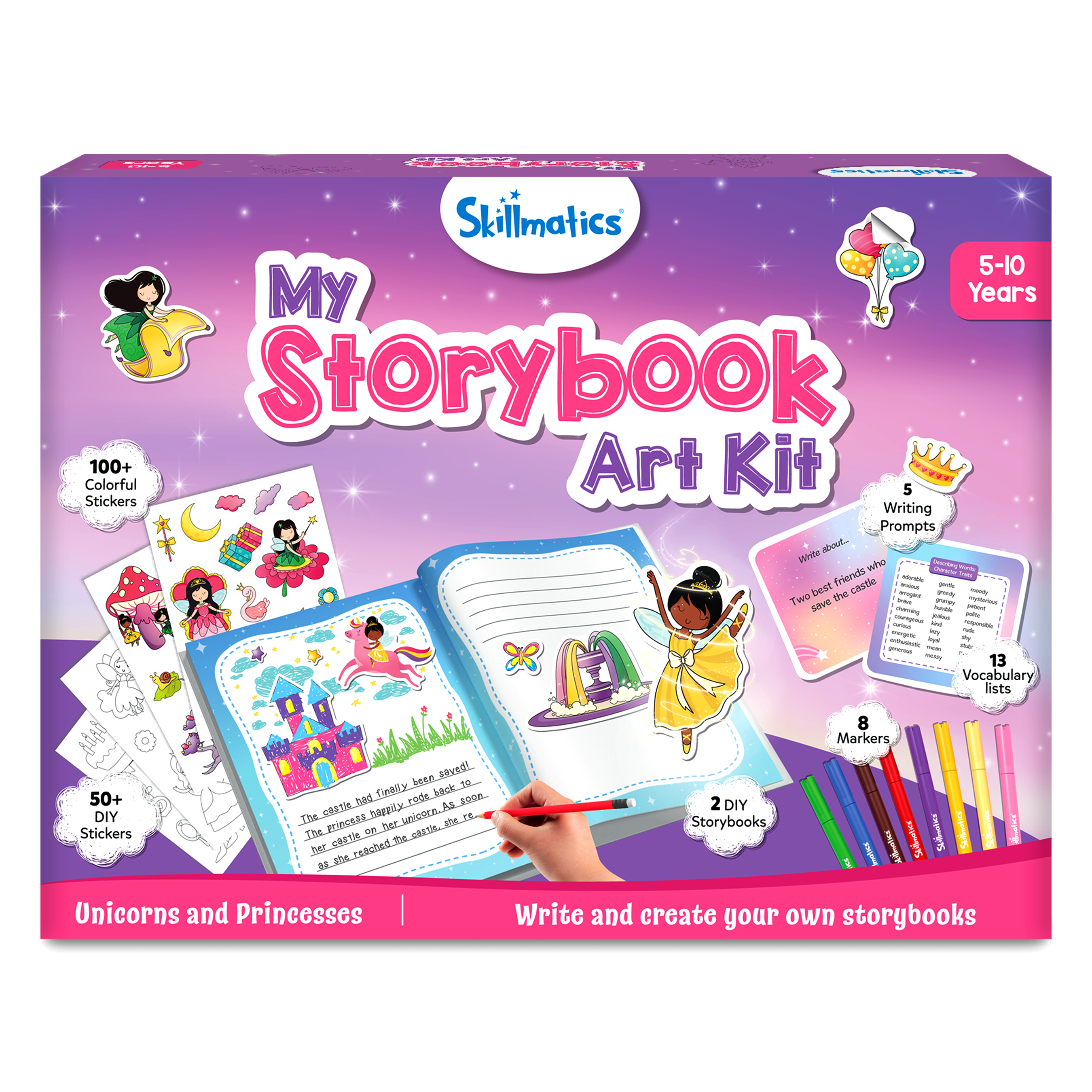 Skillmatics Storybook Art Kit - Unicorn & Princesses Art Kit for Kids, Write & Create Fairytale Storybooks, Creative Activity for Girls, DIY Kit, 150+ Stickers, Gifts for Ages 5, 6, 7, 8, 9, 10