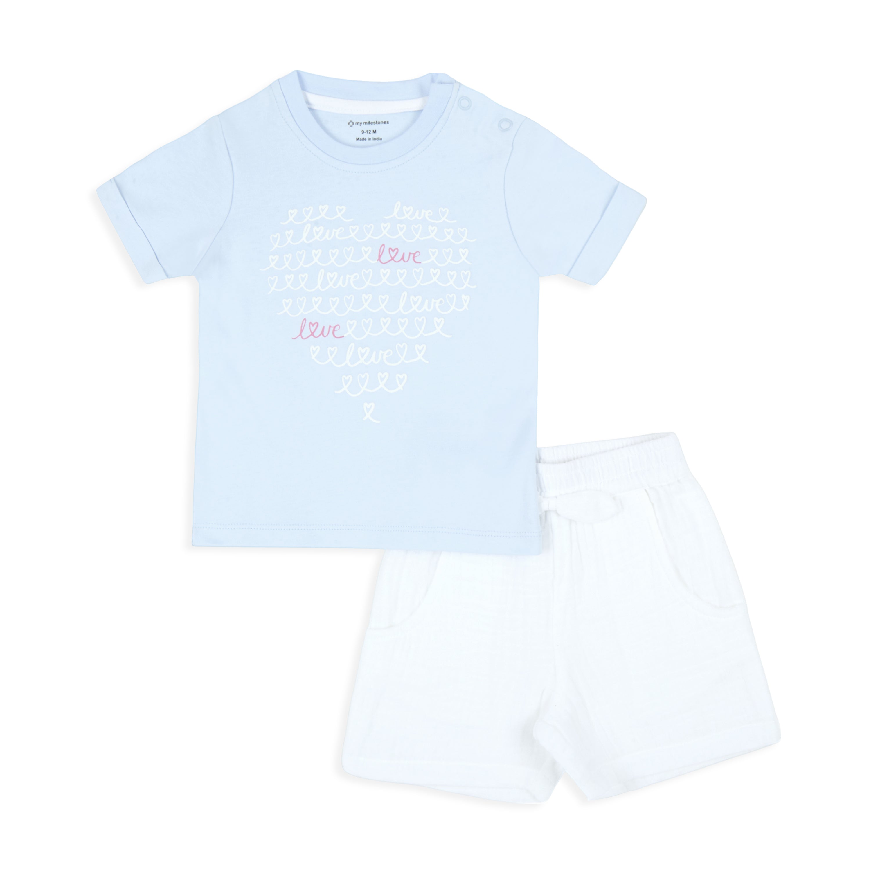 Printed Baby Girl Round Neck Tee With Double Cloth Woven Shorts - Baby Blue & White