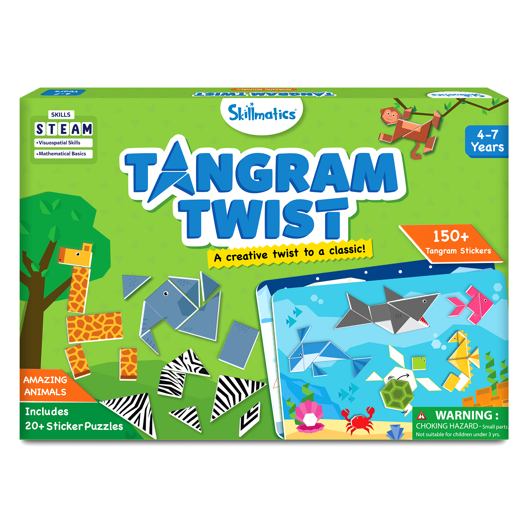 Skillmatics Art & Craft Activity - Tangram Twist Amazing Animals, STEAM Toy, Craft Kits, Puzzles, DIY Activity, No Mess Sticker Art, Educational for Boys & Girls, Gifts for Ages 4, 5, 6, 7