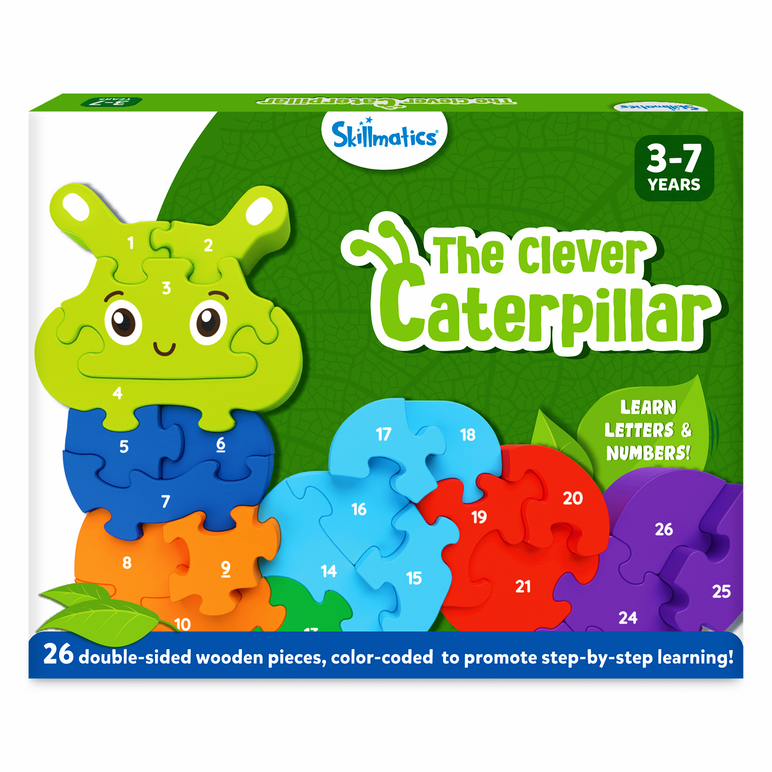 Skillmatics Wooden Puzzle - The Clever Caterpillar, 2 Puzzles in 1, 26 Double-Sided Pieces, Learn Letters & Numbers, Gifts for Ages 3 to 7