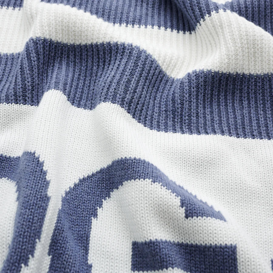 Hamptons Stripe Name Blanket - Ivory; Stripe: Denim Blue; Letter: Denim Blue