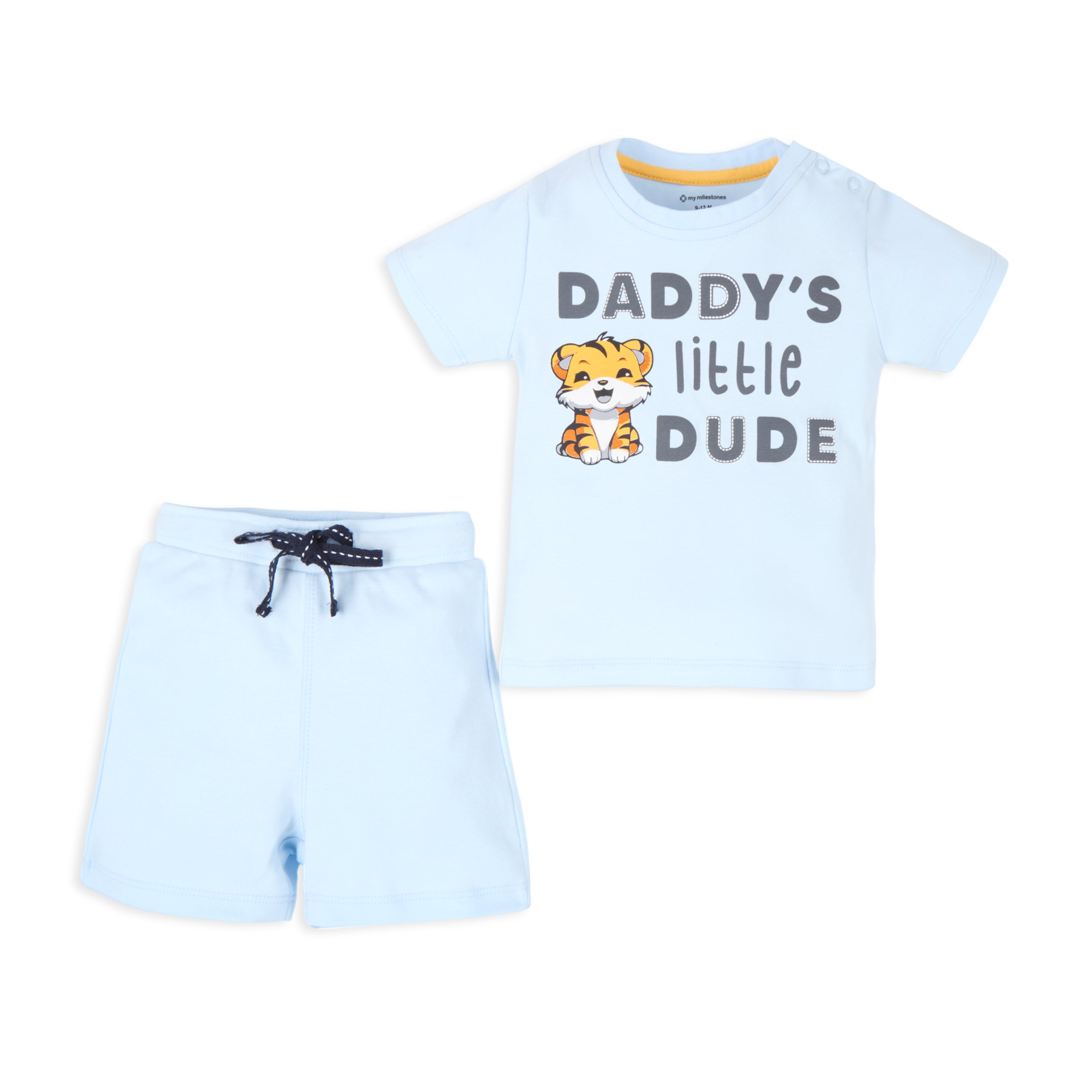 Puff Print Baby Boy Round Neck Tee with Shorts - Baby Blue