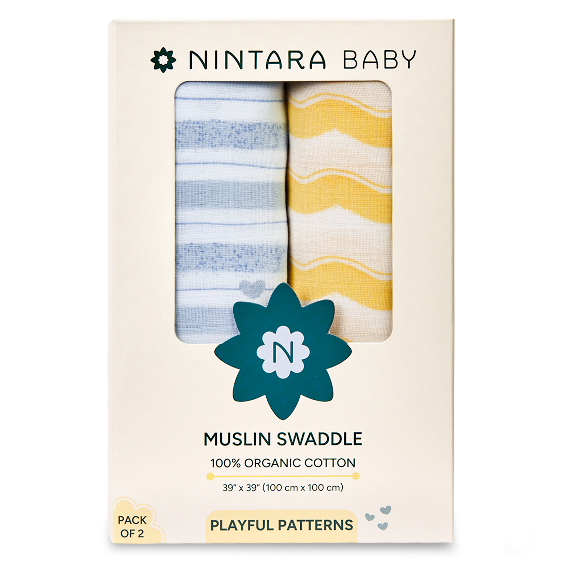 Nintara Baby Swaddle - 100% Organic Premium Muslin Cotton, 39" x 39" (100 cm x 100 cm), Ultra-Soft, Breathable & Lightweight, Multipurpose, Unisex, Hypoallergenic, Gifts for Newborn Babies