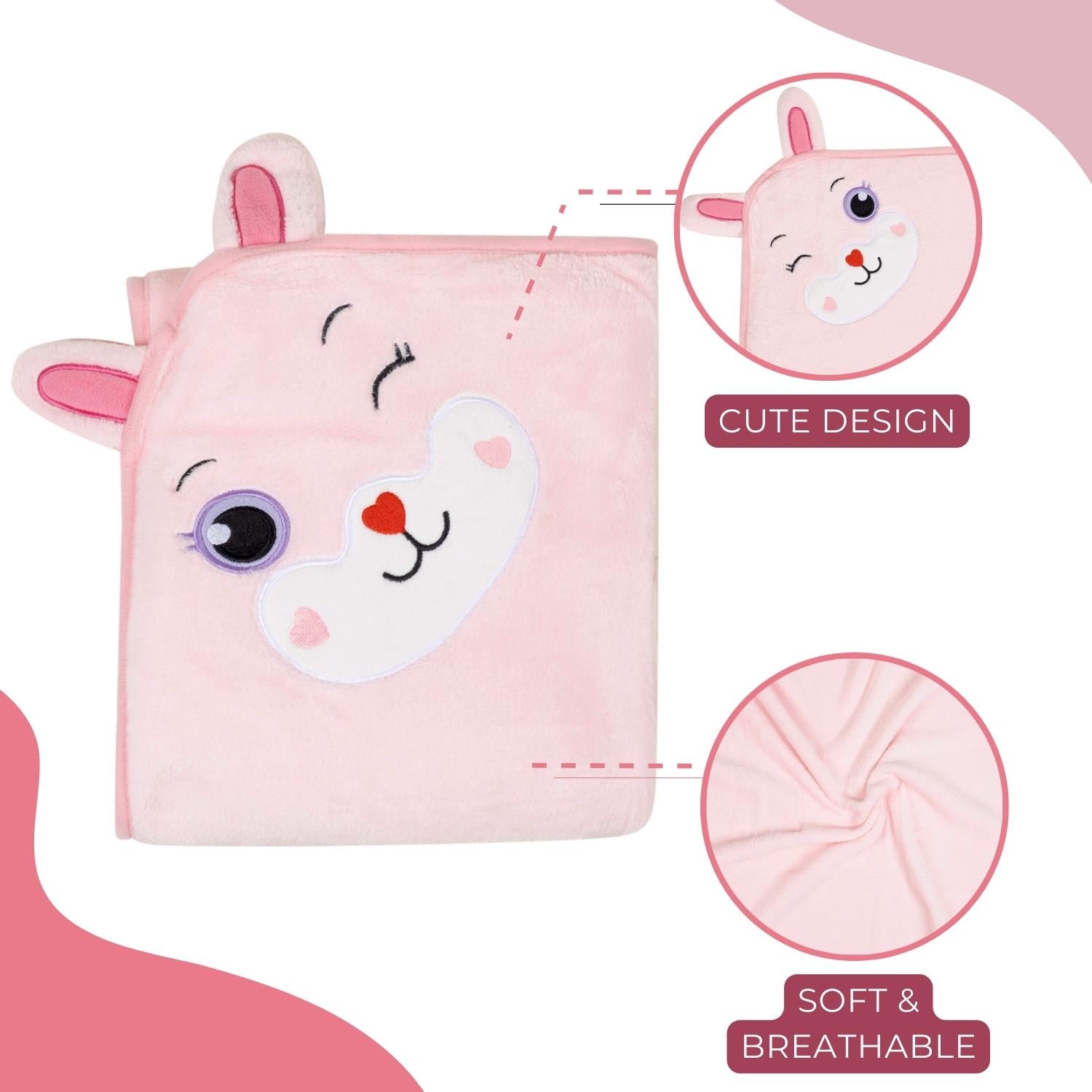 Baby Moo Rabbit Applique with 3D Ears Soft Blanket - Pink