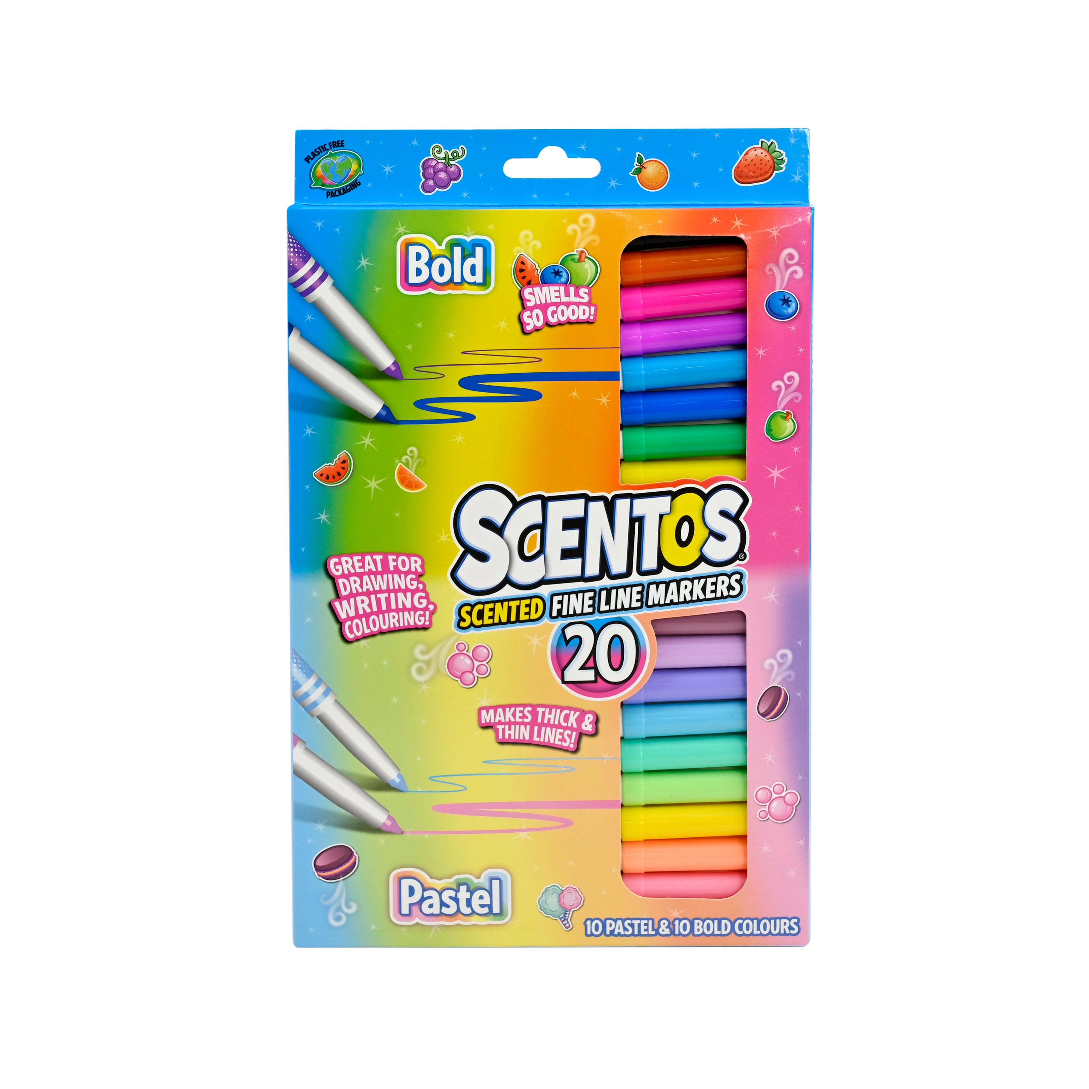 Scentos Scented Fine Line Markers (Bold & Pastel Colors), Pack Of 20