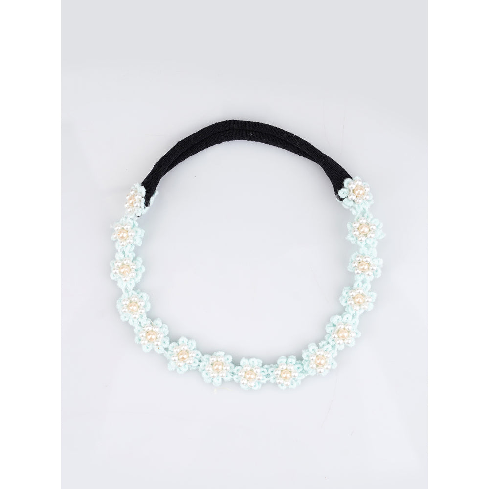 Soft Blue Floral Beaded Hair Band - Graceful Blooms - Blue with Cream and White Pearls