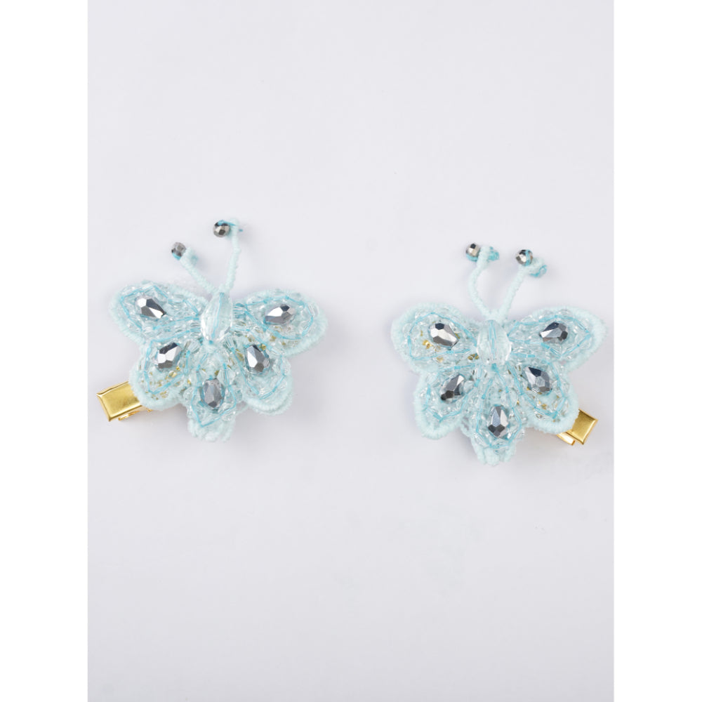 Set of 2 Dreamy Blue Butterfly Beauty Hairclip Pair - Blue, Silver