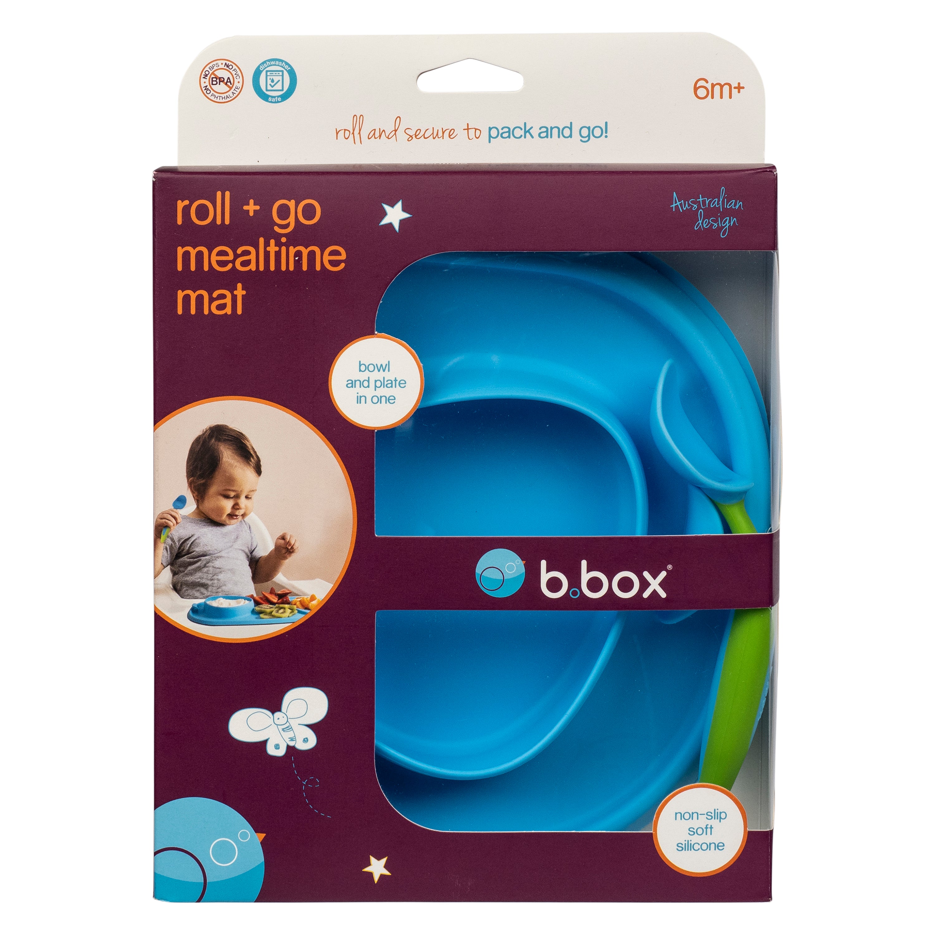 B.box Roll & Go Mealtime Mat with Spoon -Ocean Breeze Blue