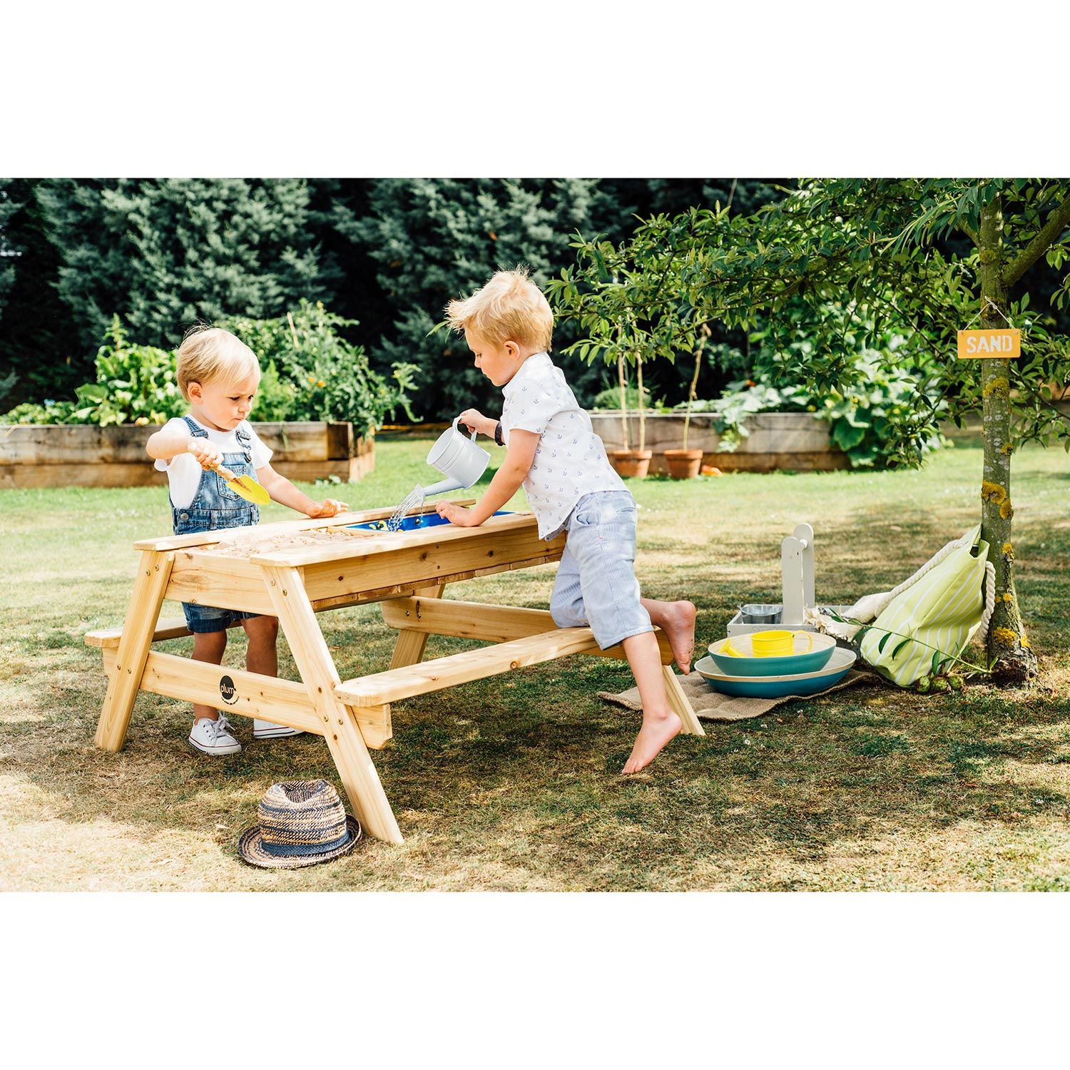 Plum Surfside Sand & Water Wooden Picnic Table + 2 Interactive Soft Toys FREE