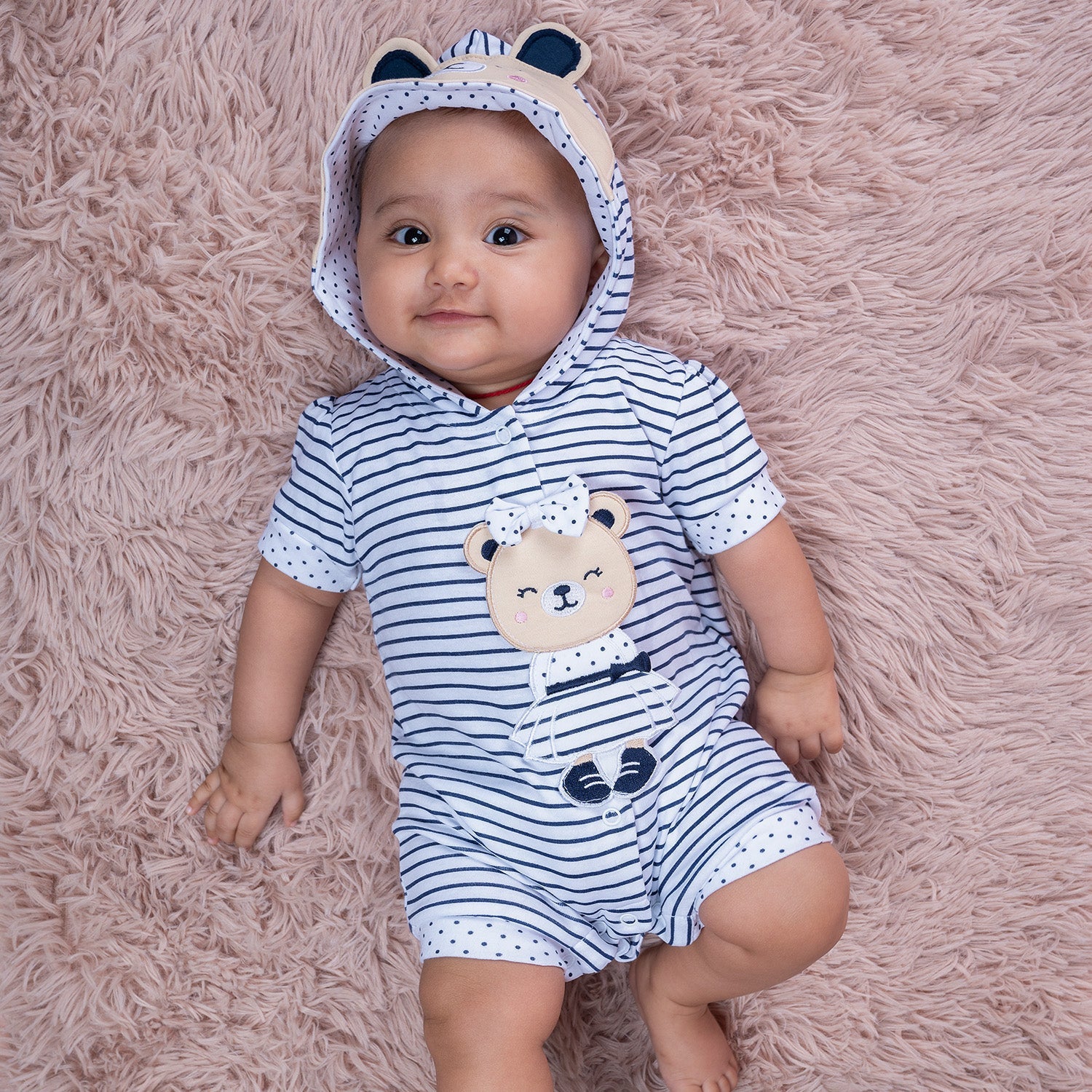 Baby Moo Striped Blushing Bear Hooded Short Romper - Grey