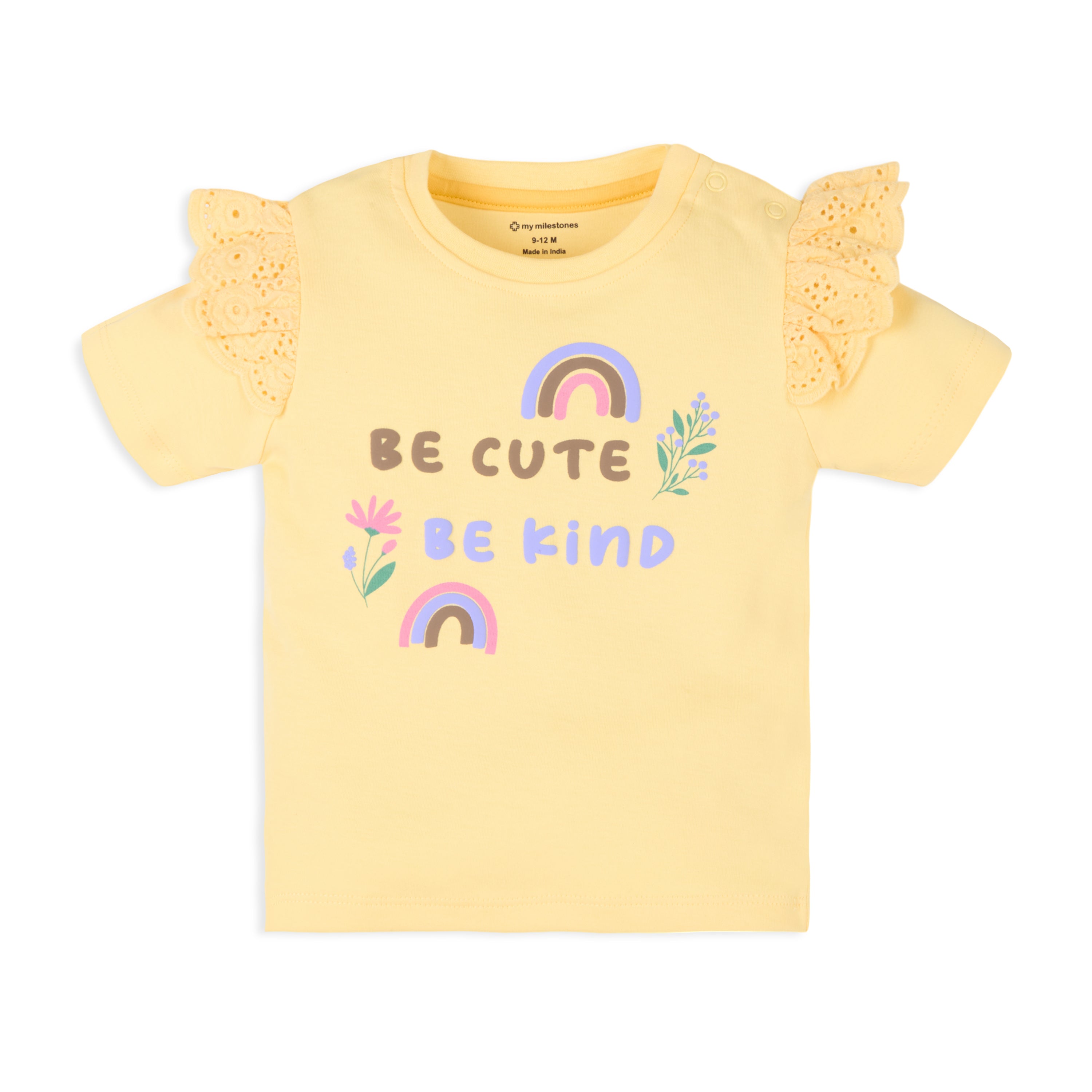 Baby Girl Puff Print Round Neck Tee With Schiffli Details Shorts - Yellow