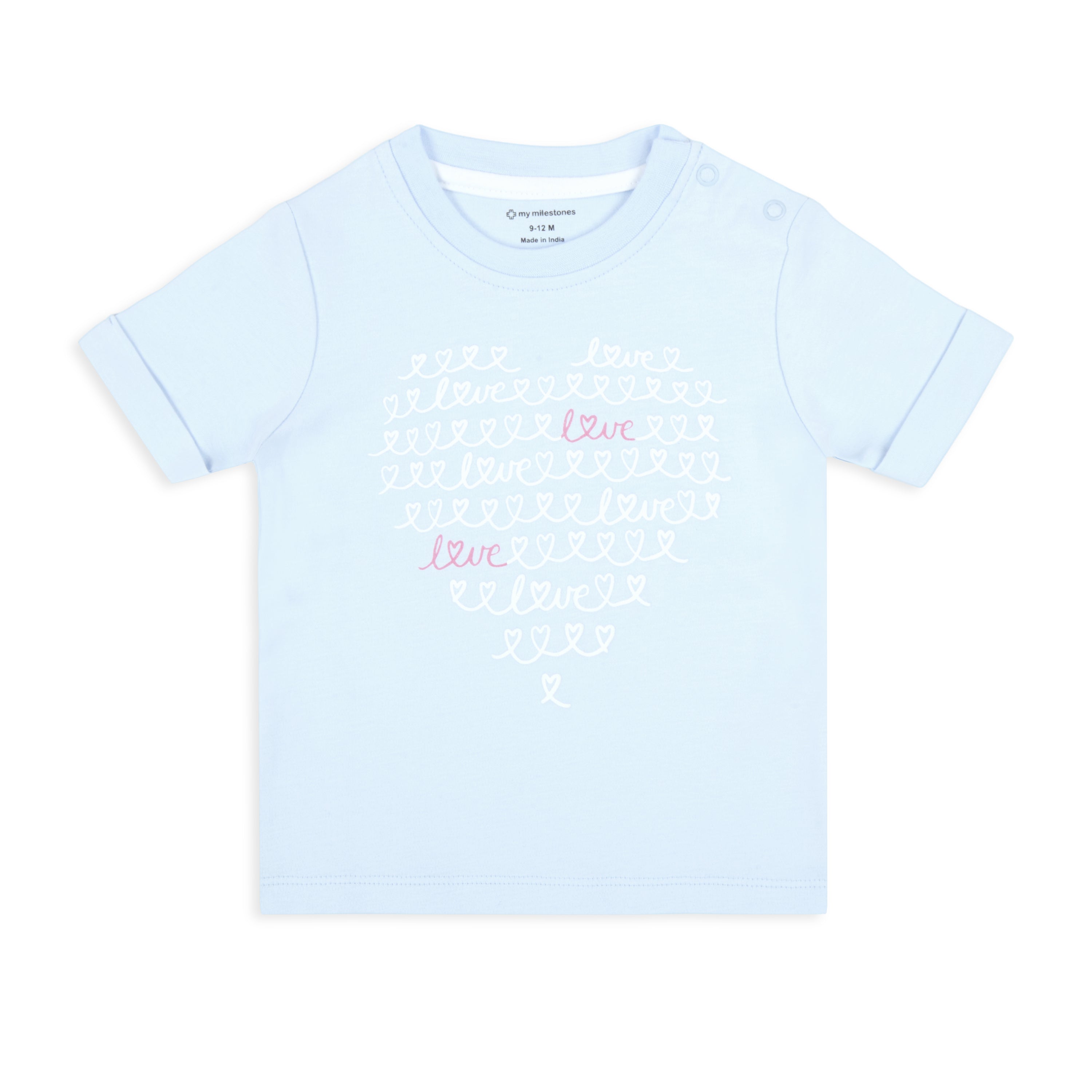 Printed Baby Girl Round Neck Tee With Double Cloth Woven Shorts - Baby Blue & White