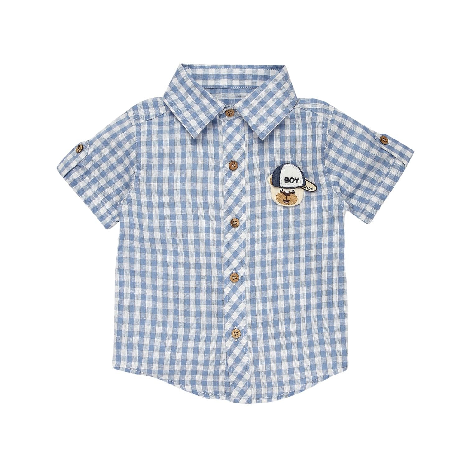 Gingham Checks Shirt With Denim Shorts & Bear Applique - Blue