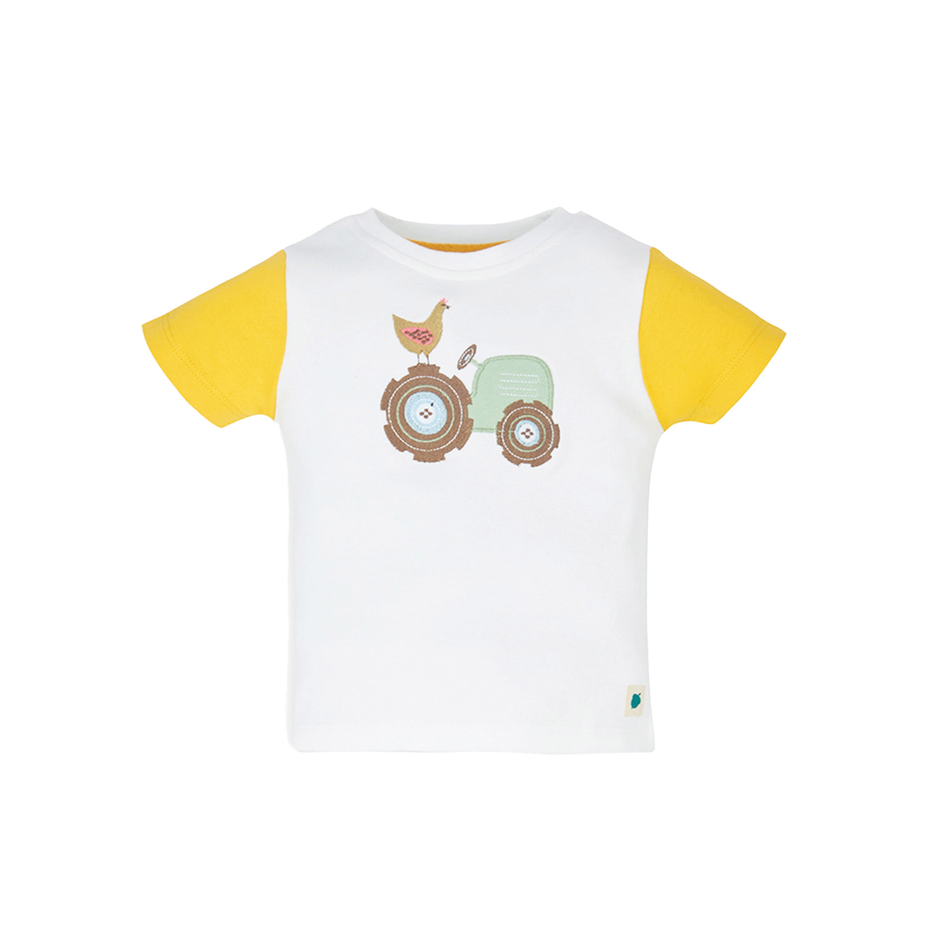 My Milestones Bio-Wash 100% Cotton Short Sleeves Farm Embroidered Applique Tee and Shorts with Pockets - White & Yellow