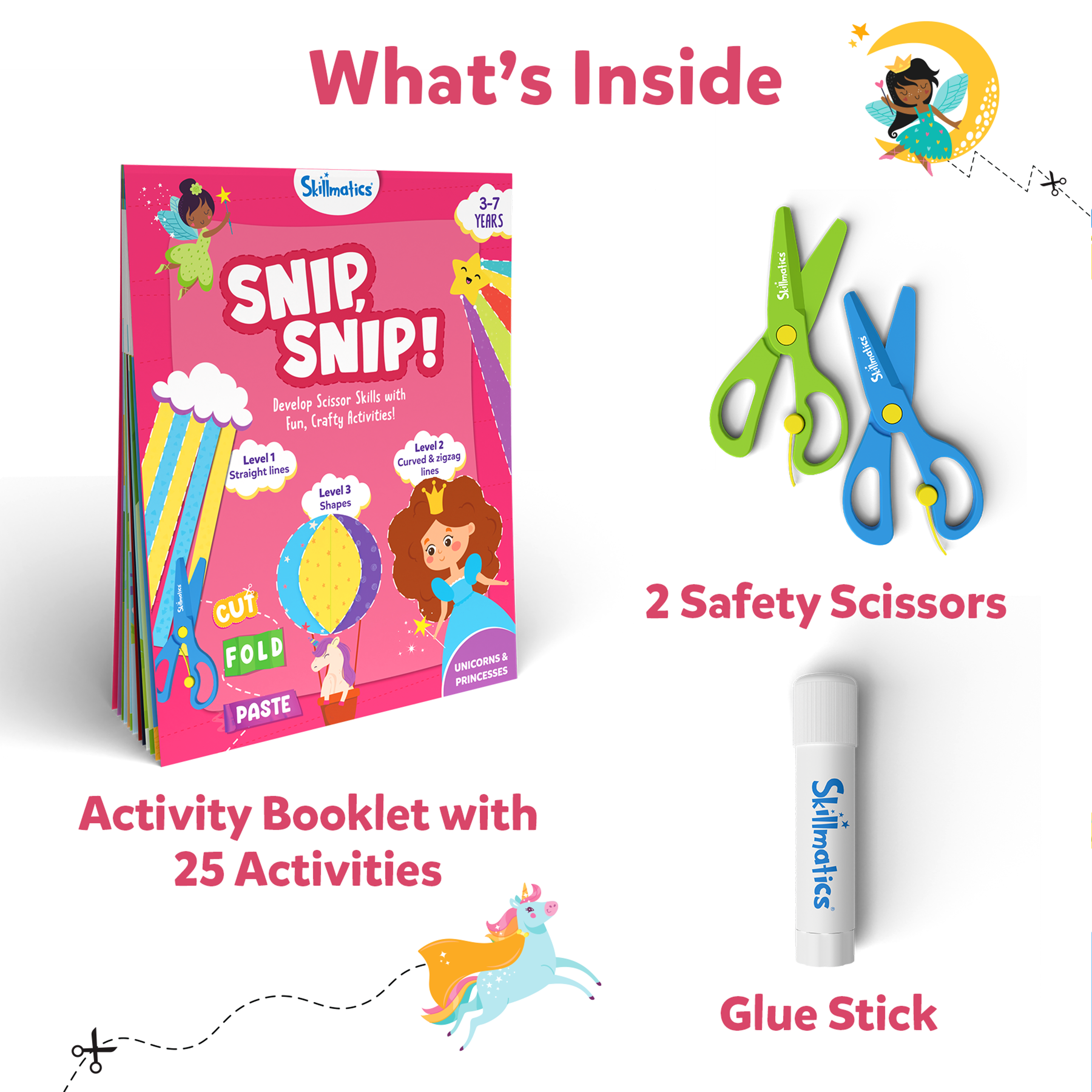 Skillmatics Art & Craft Activity Kit - Snip, Snip Unicorn & Princesses, Practice Scissor Skills, Craft Kits, 25 DIY Activities, Gifts for Ages 3 to 7