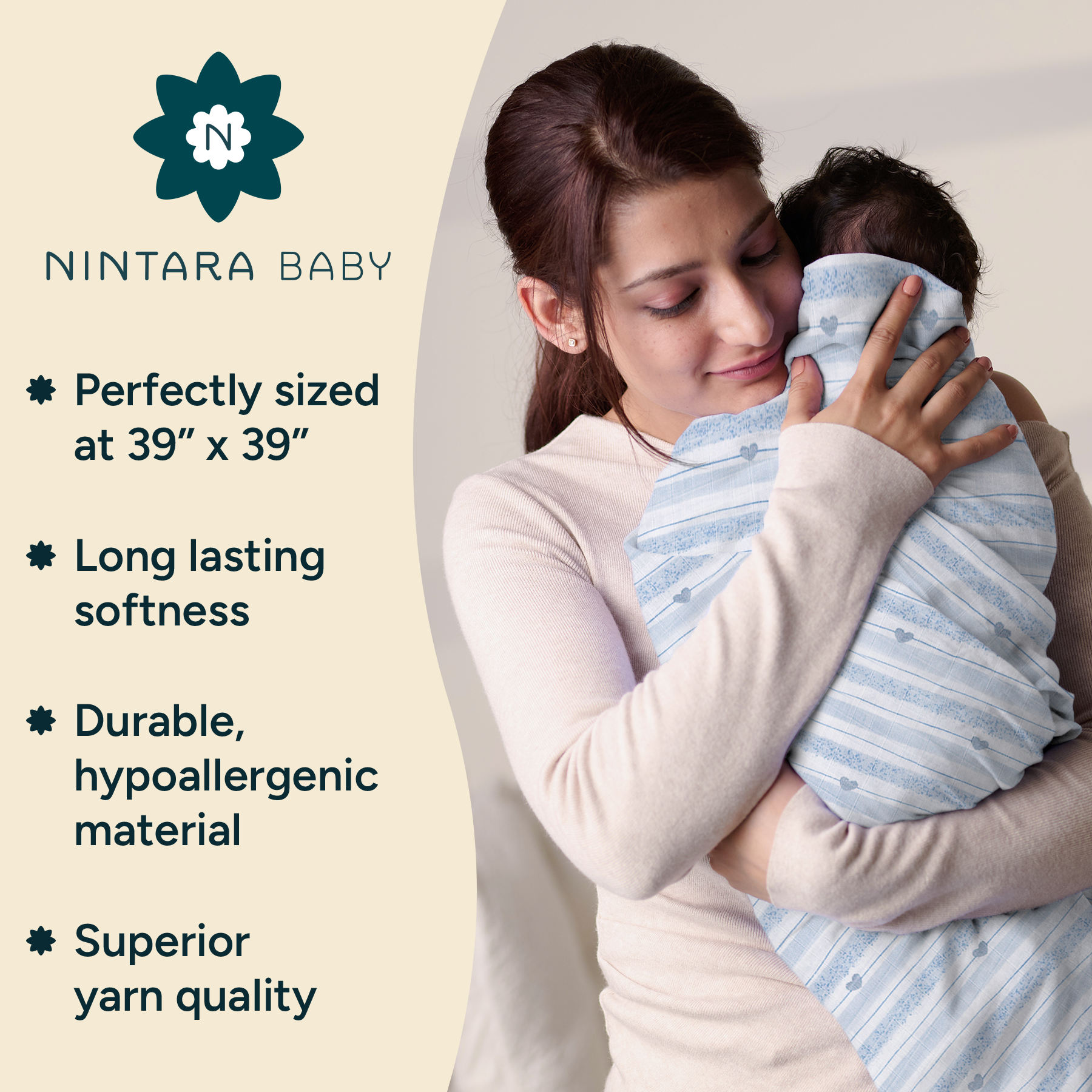 Nintara Baby Swaddle - 100% Organic Premium Muslin Cotton, 39" x 39" (100 cm x 100 cm), Ultra-Soft, Breathable & Lightweight, Multipurpose, Unisex, Hypoallergenic, Gifts for Newborn Babies
