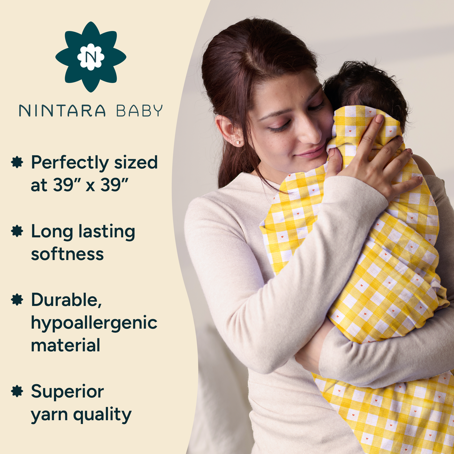 Nintara Baby Swaddle - 100% Organic Premium Muslin Cotton, 39" x 39" (100 cm x 100 cm), Ultra-Soft, Breathable & Lightweight, Multipurpose, Unisex, Hypoallergenic, Gifts for Newborn Babies